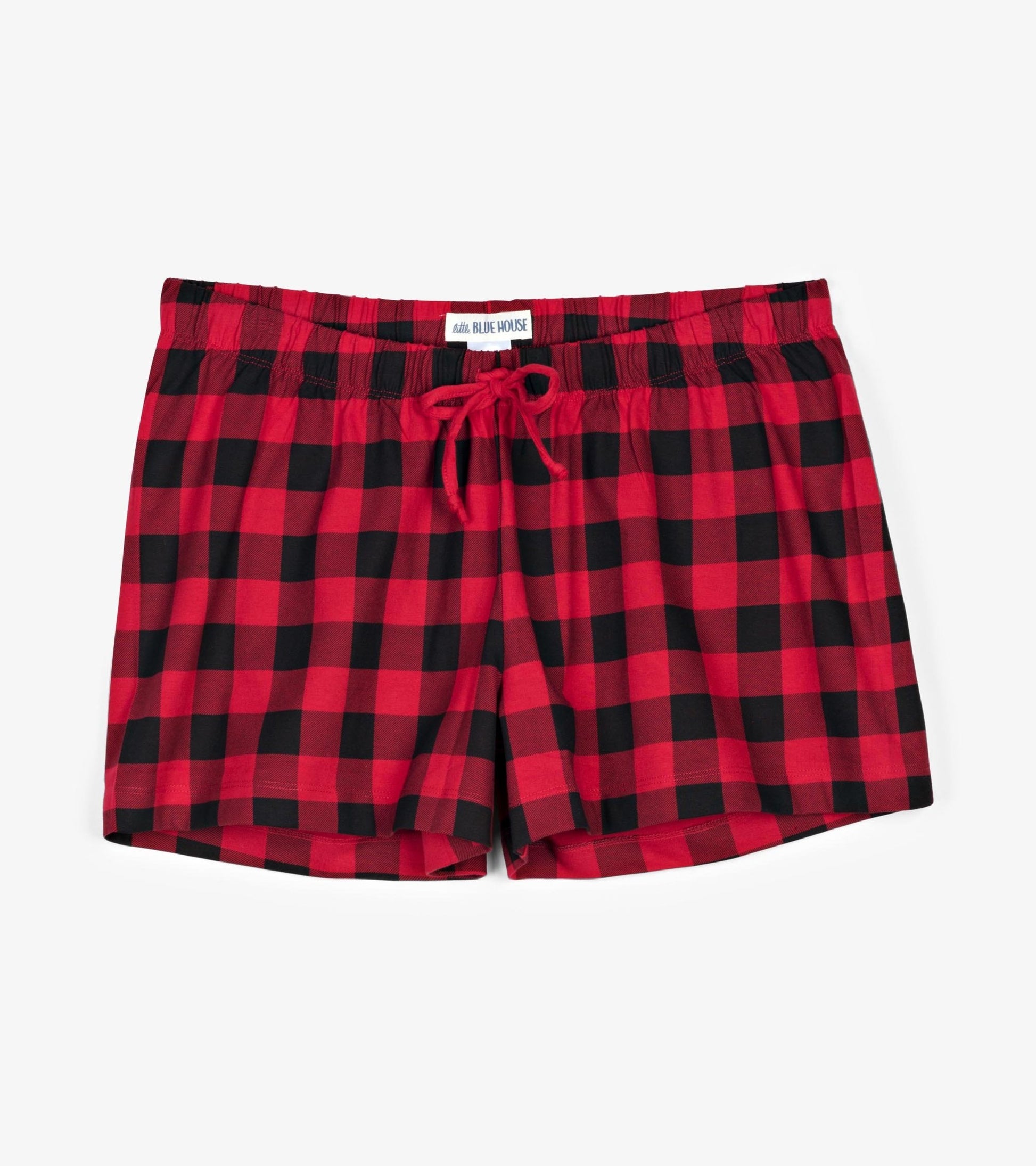 Red and black buffalo plaid cotton sleep shorts with an elastic waistband and drawstring.