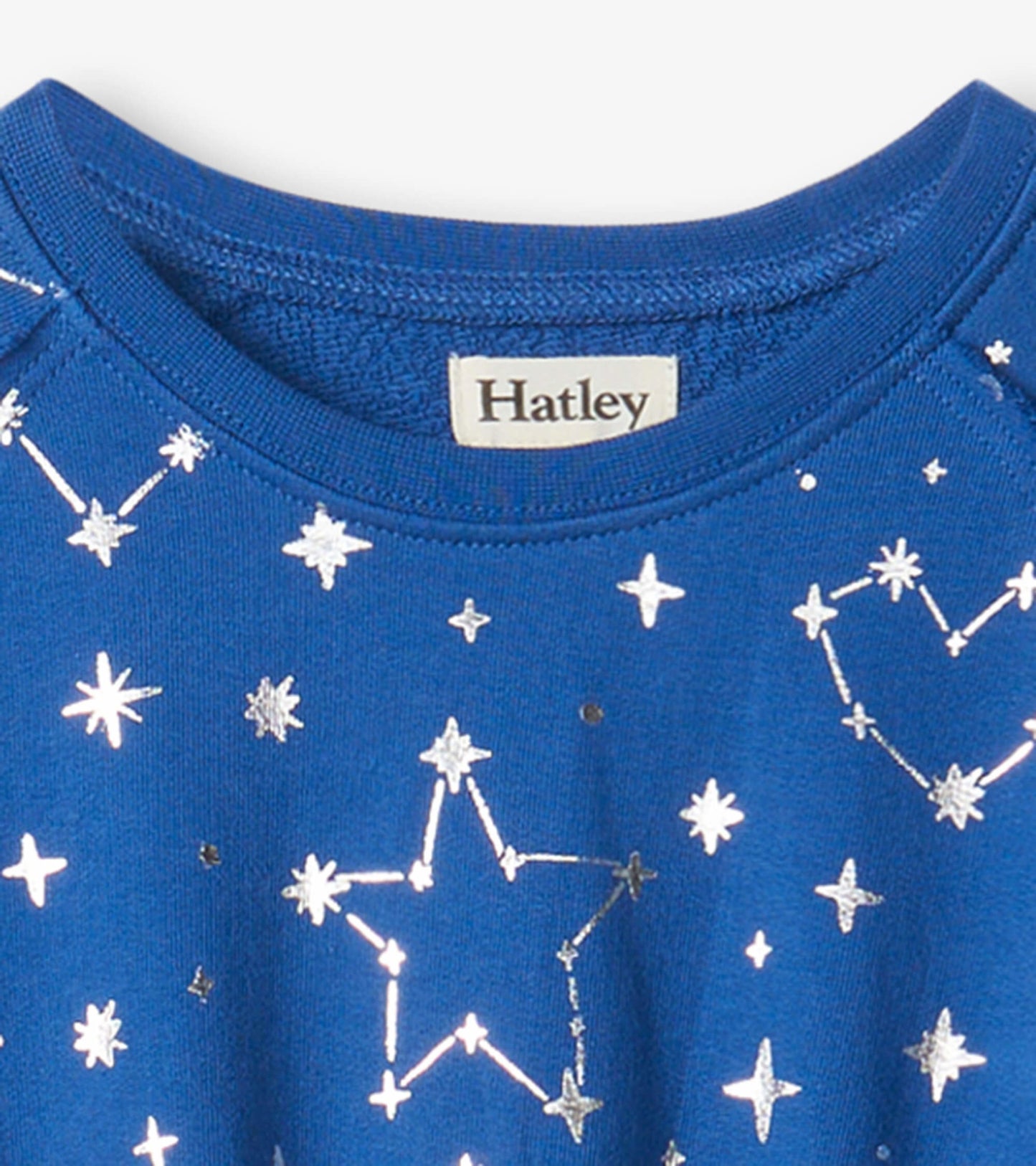 Blue terry dress featuring silver constellations and star patterns, with a round neckline and soft fabric.