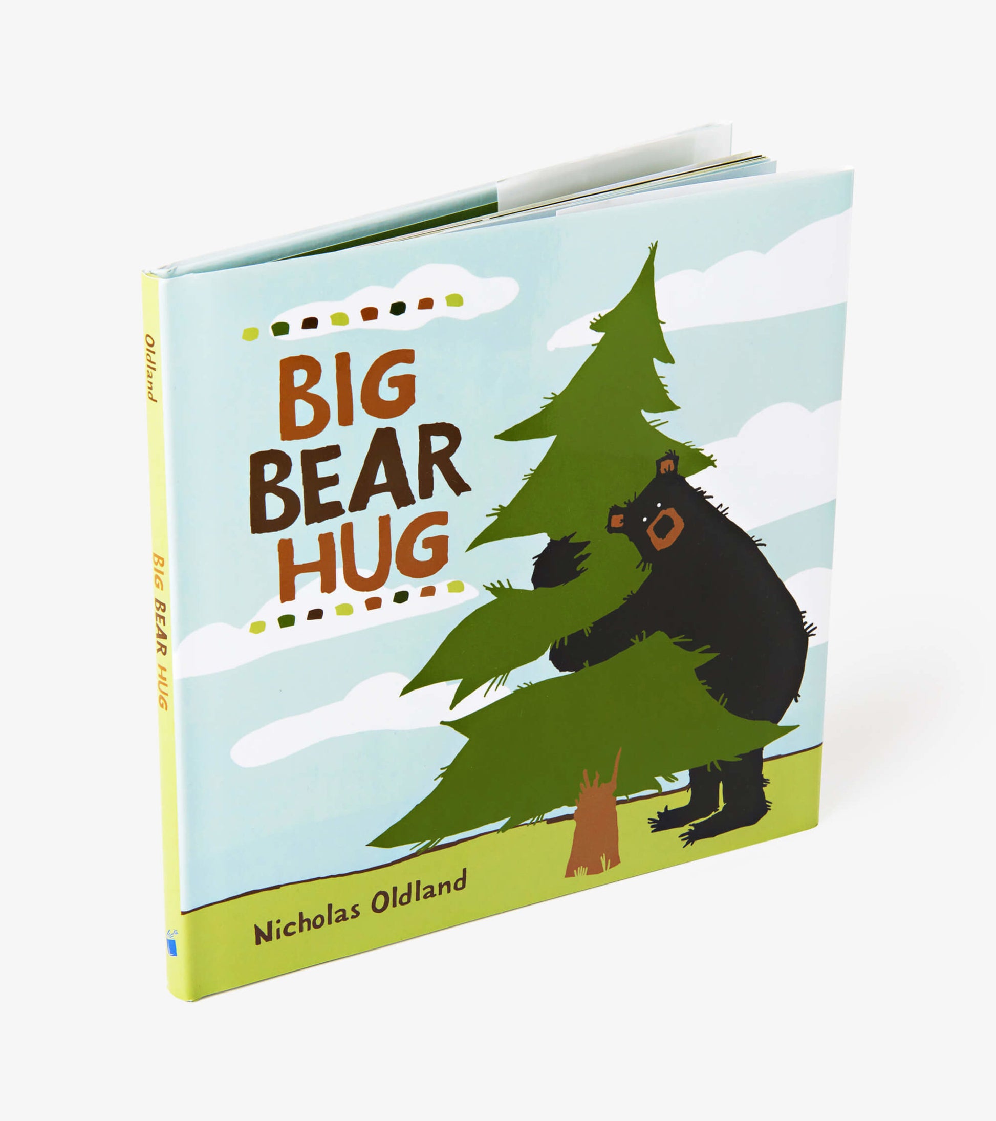 Children's book featuring a bear hugging a tree, with a colorful illustrated cover and playful clouds in the background.