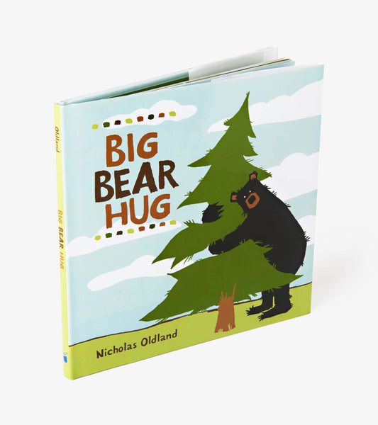 Children's book featuring a bear hugging a tree, with a colorful illustrated cover and playful clouds in the background.