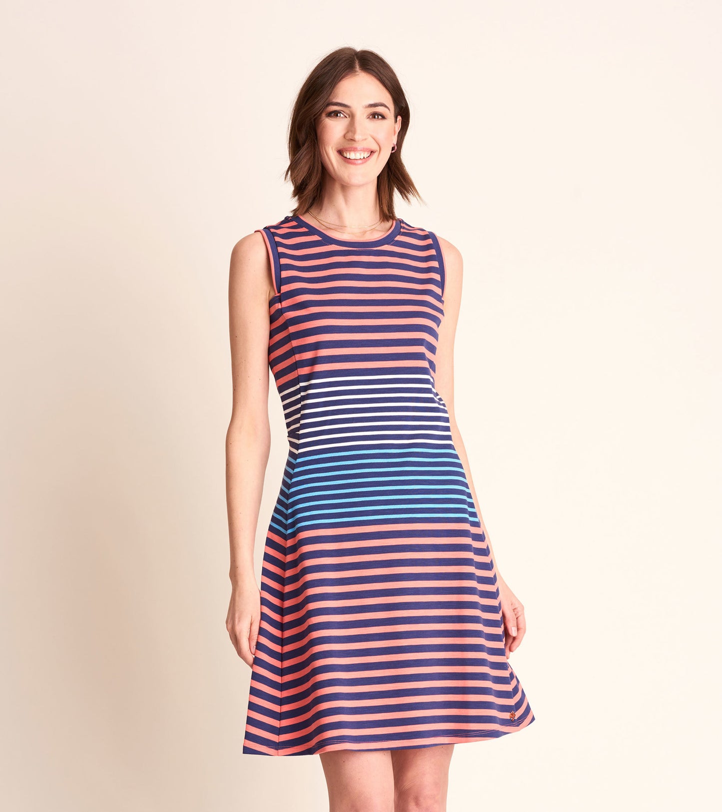 Navy and coral striped sleeveless dress with a flared skirt, perfect for casual summer outings.