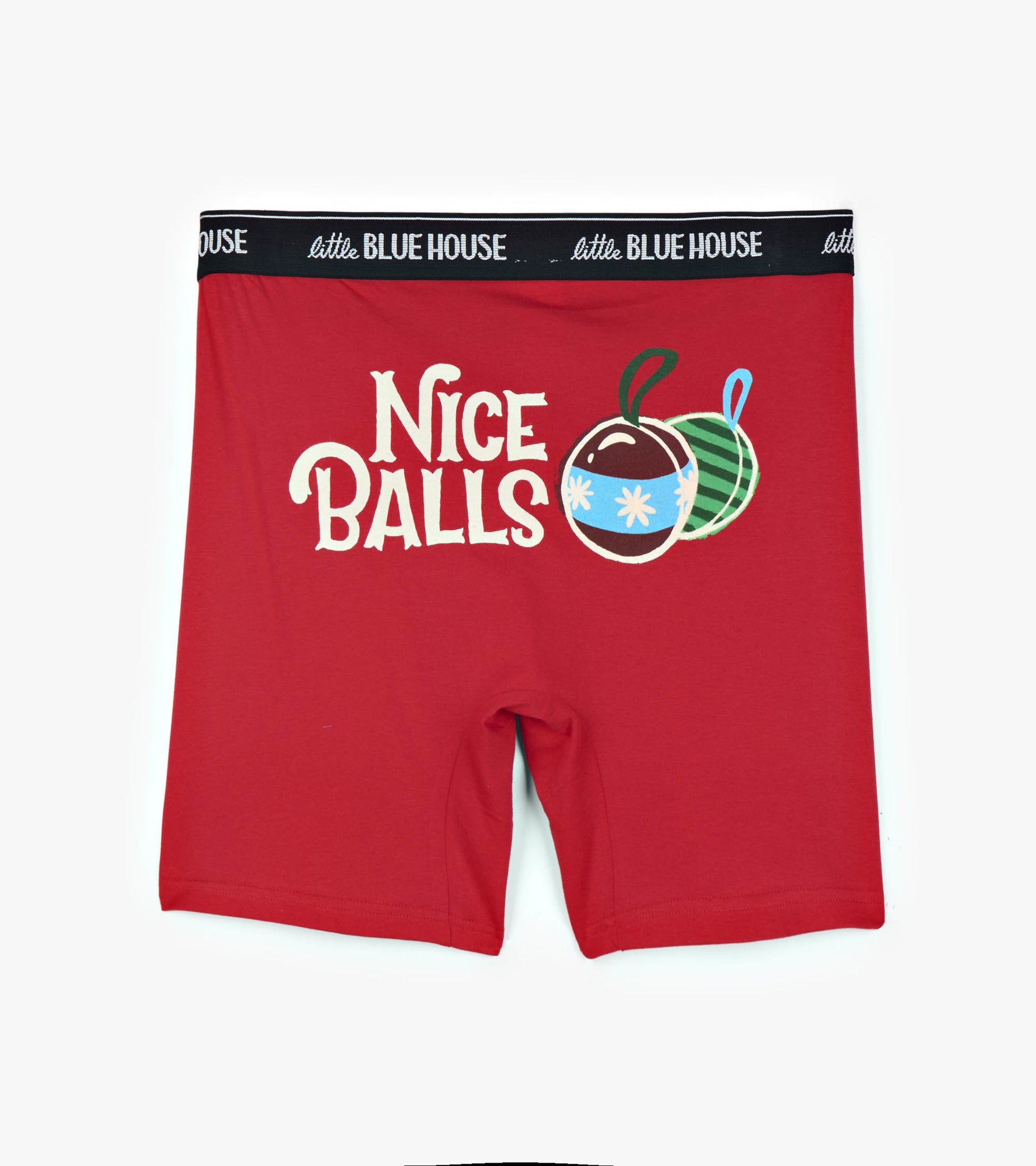 Red boxers featuring a playful "Nice Balls" graphic with holiday ornament designs, made from soft cotton material.
