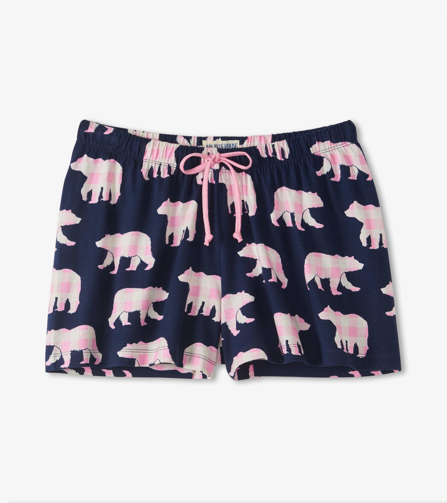 Navy cotton sleep shorts featuring a pink bear pattern and an elastic waistband with a drawstring.