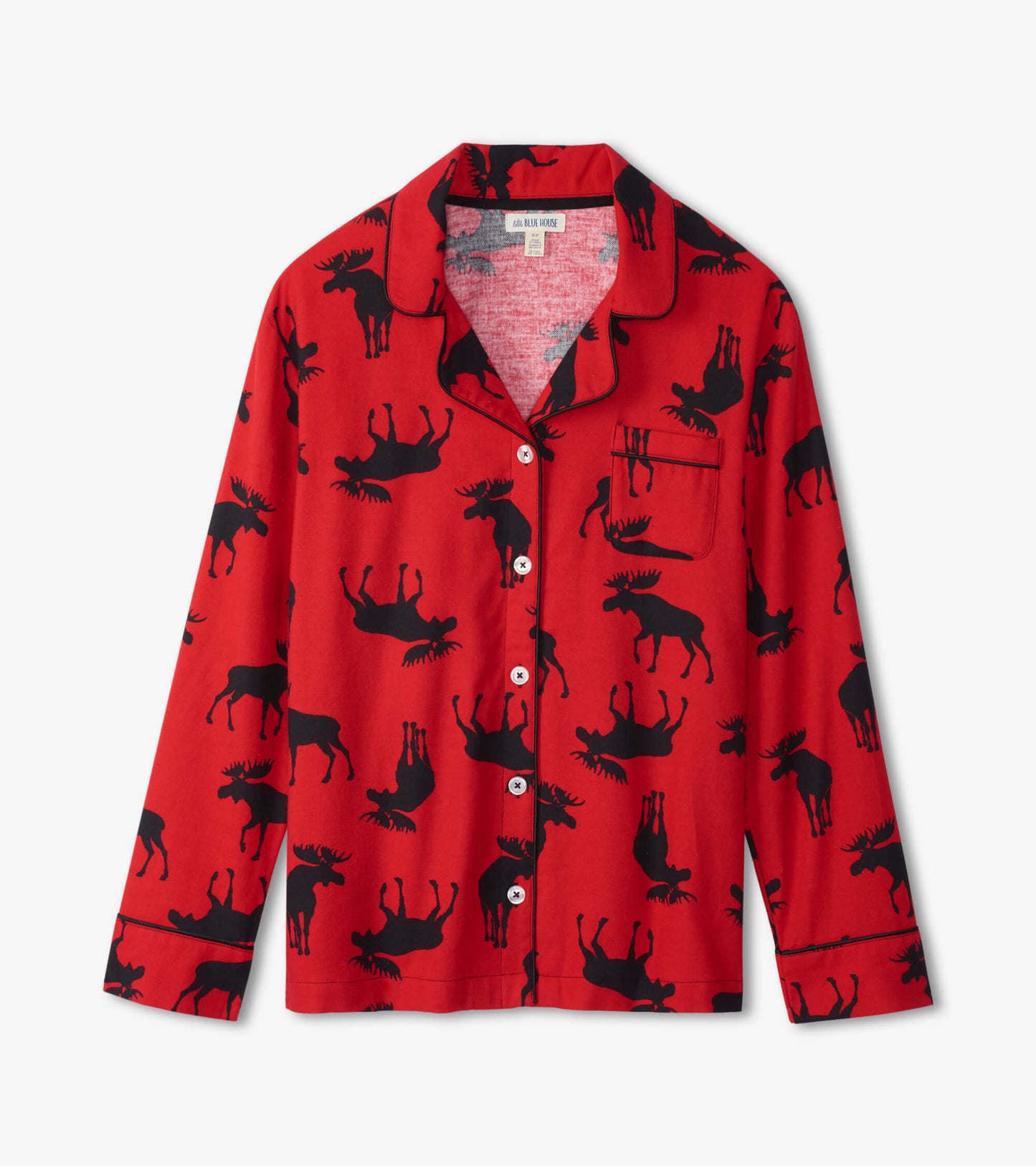 Red flannel pajama top featuring a black moose pattern, long sleeves, and a button-down front.