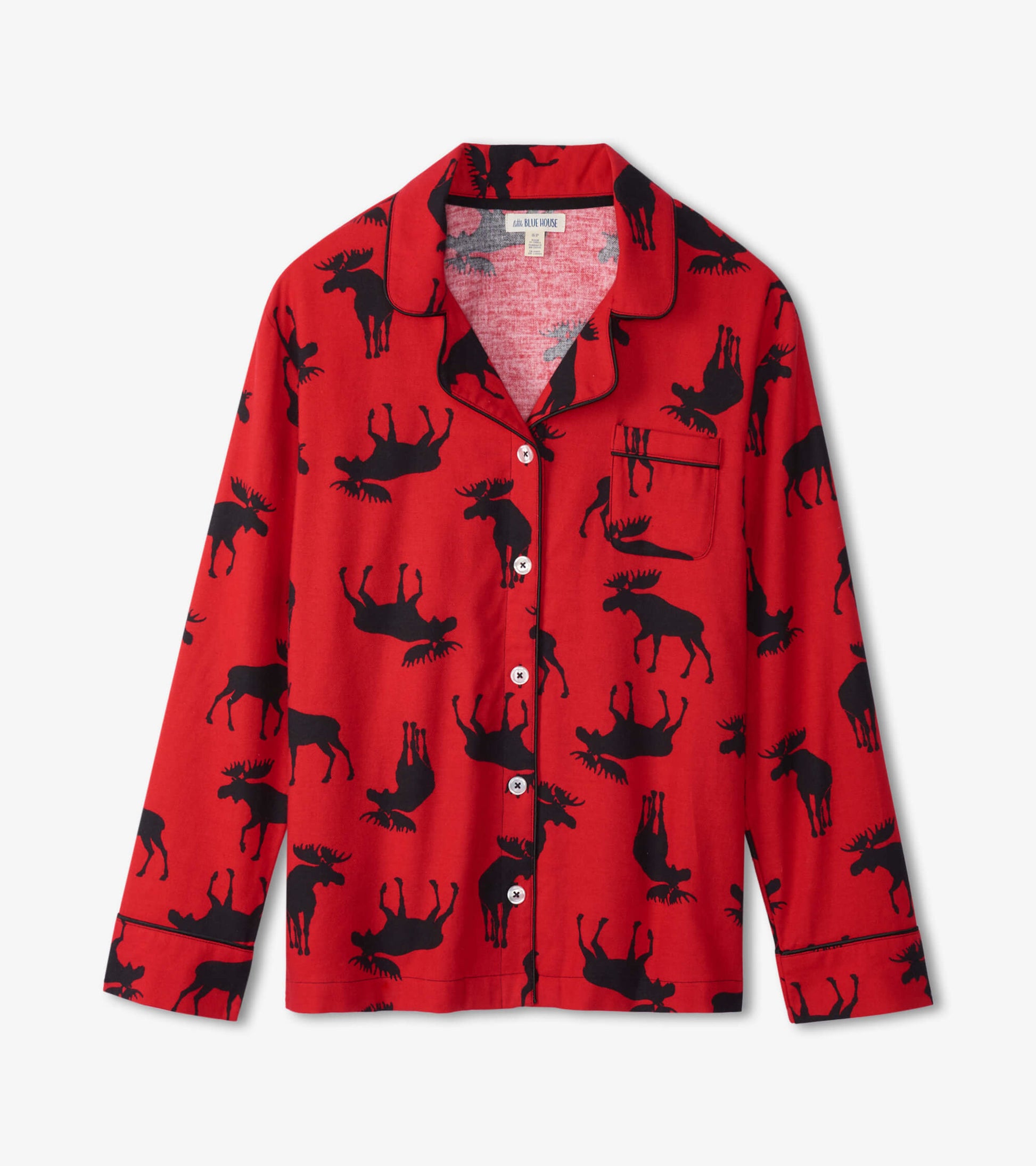 Red flannel pajama top featuring a black moose pattern, long sleeves, and a button-down front.