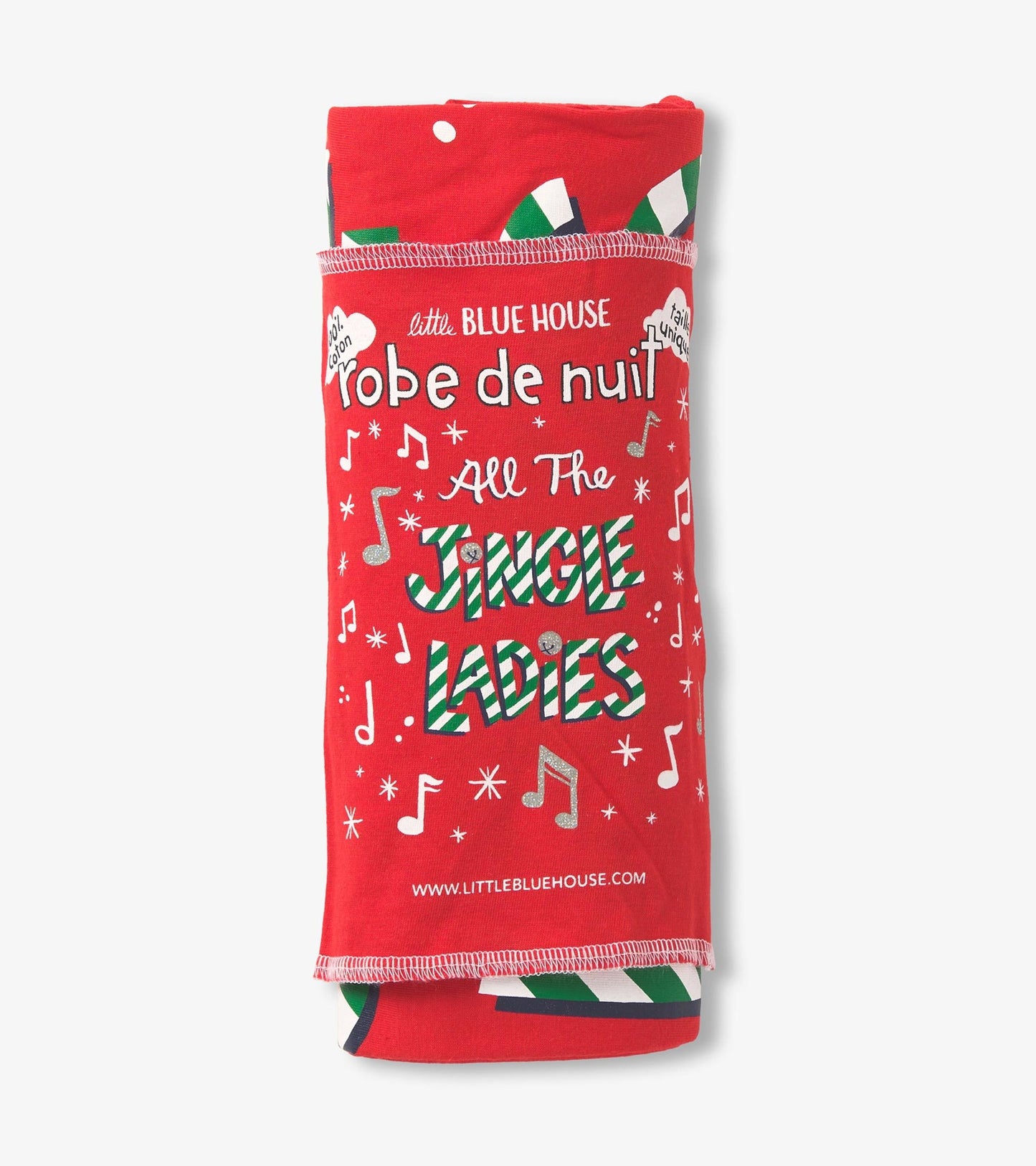 Red sleepshirt featuring "All the Jingle Ladies" text with musical notes and festive patterns, rolled and tied.