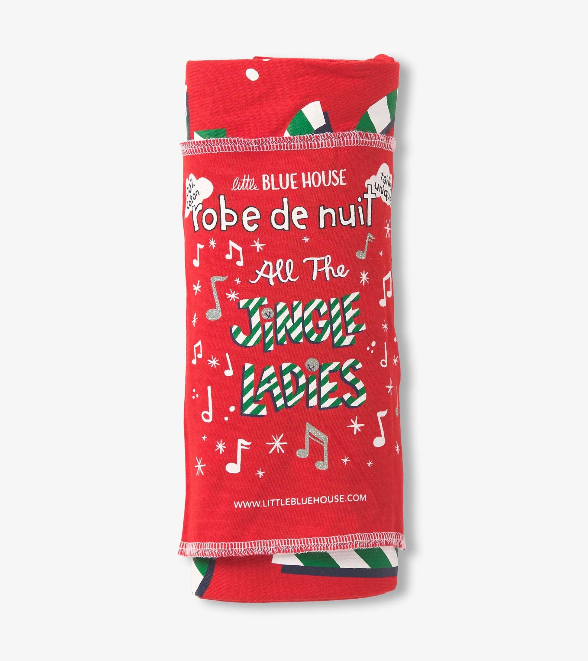 Red sleepshirt featuring "All the Jingle Ladies" text with musical notes and festive patterns, rolled and tied.