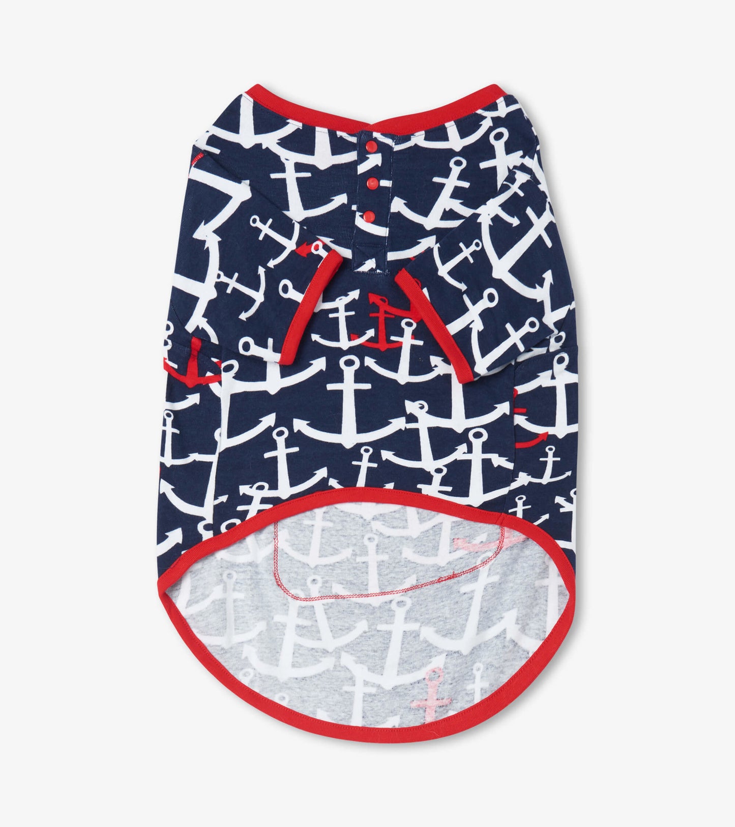 Navy dog tee featuring a white anchor pattern and red trim, designed for nautical-themed pet wear.