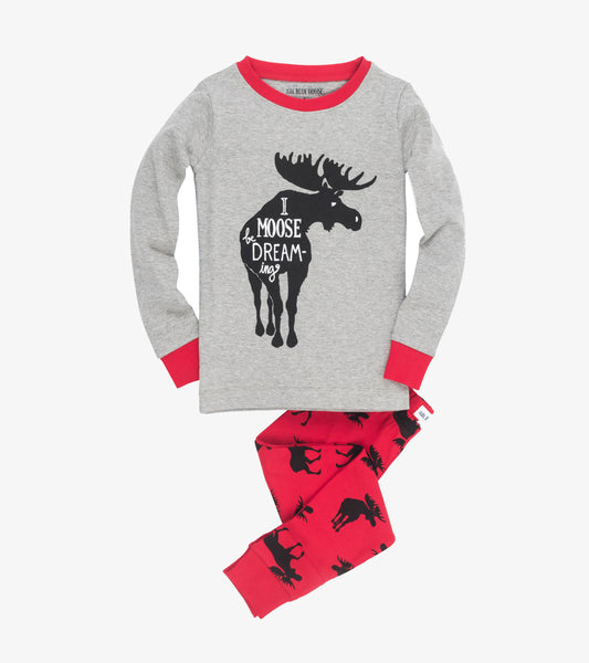 Gray long-sleeve pajama top with red accents and moose graphic, paired with red pajama pants featuring black moose print.