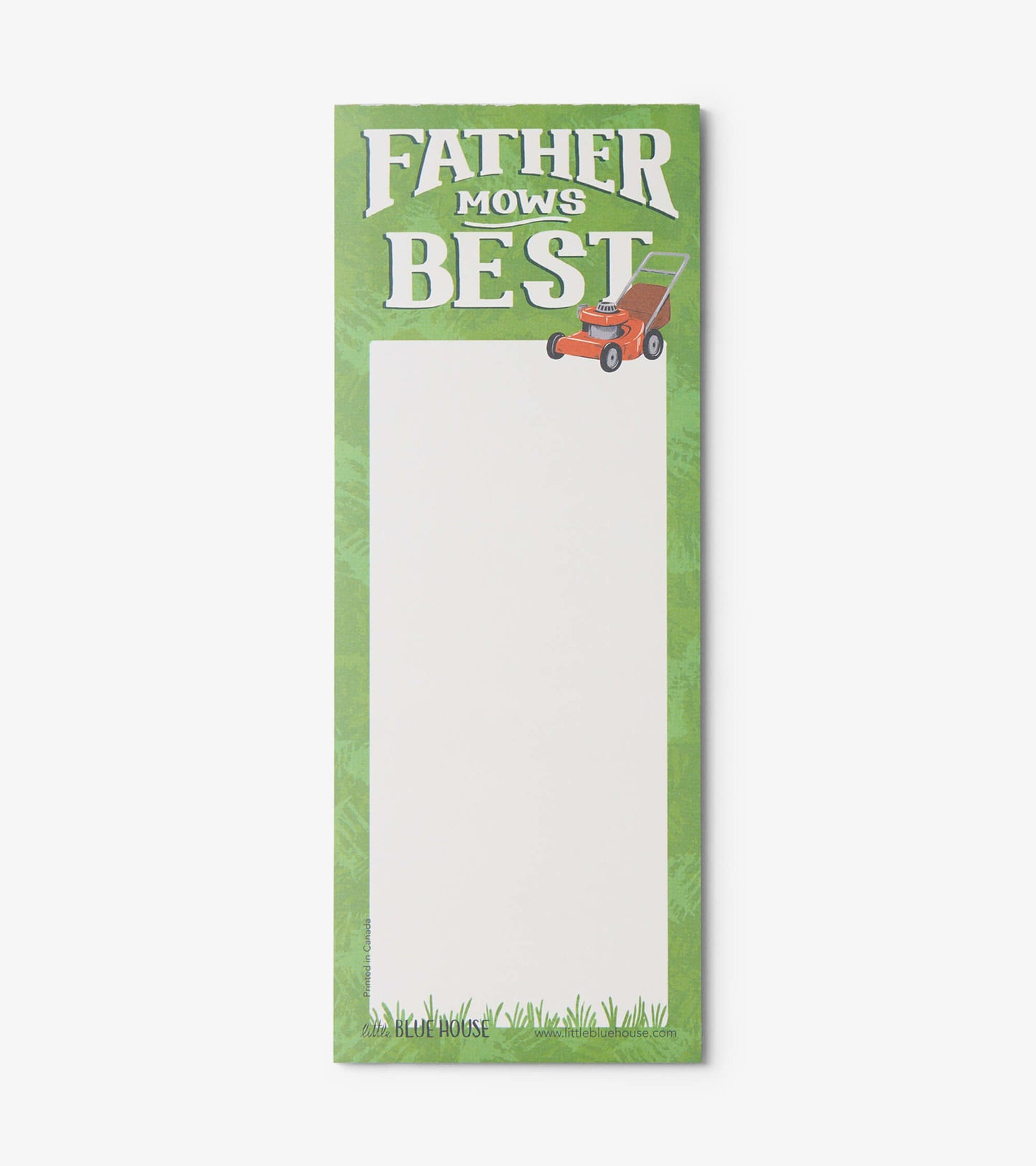 Magnetic notepad with a green background, featuring "Father Mows Best" text and a lawnmower illustration.