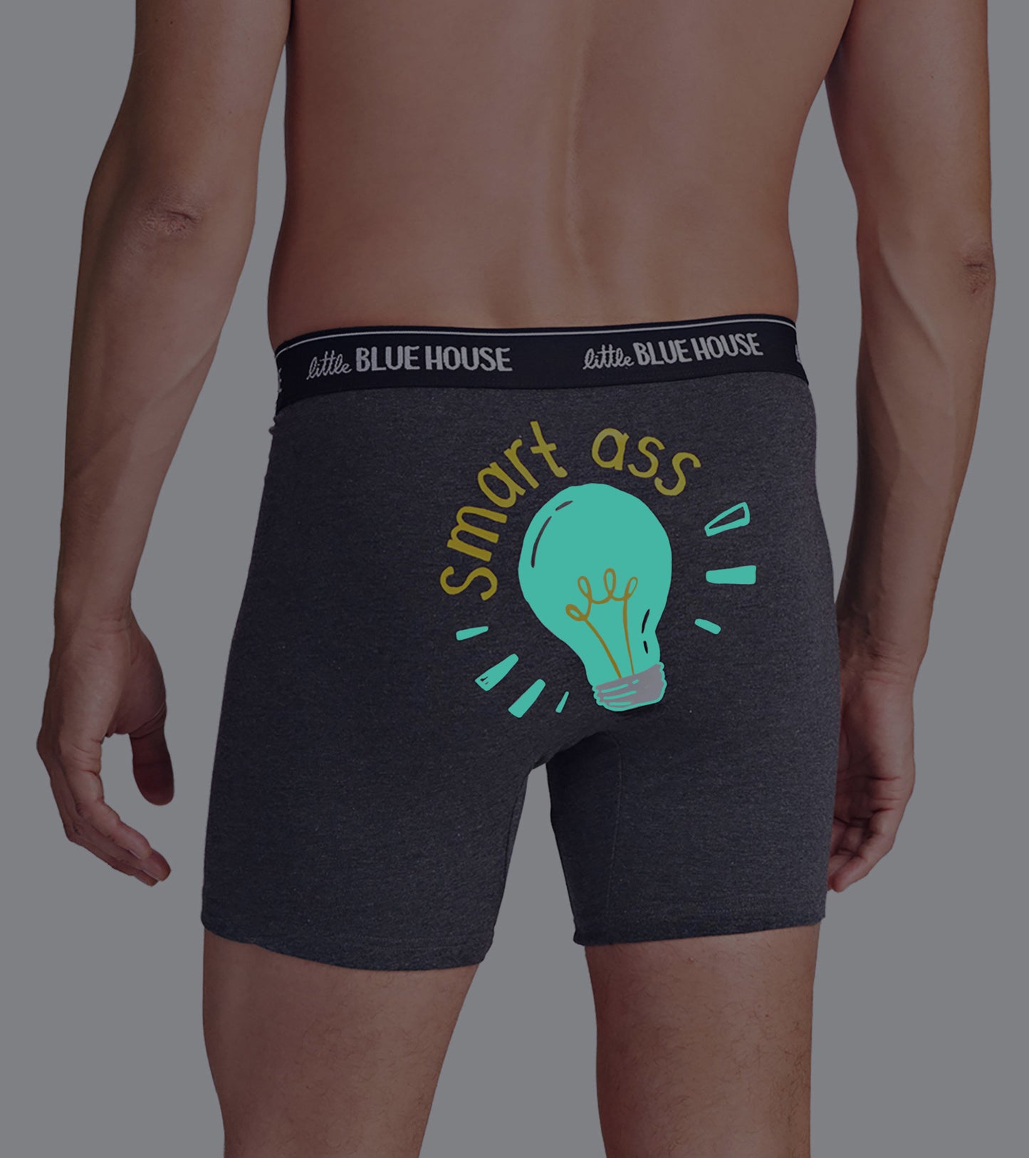 Gray boxer briefs featuring a glow-in-the-dark light bulb graphic with the text "smart ass" on the back.