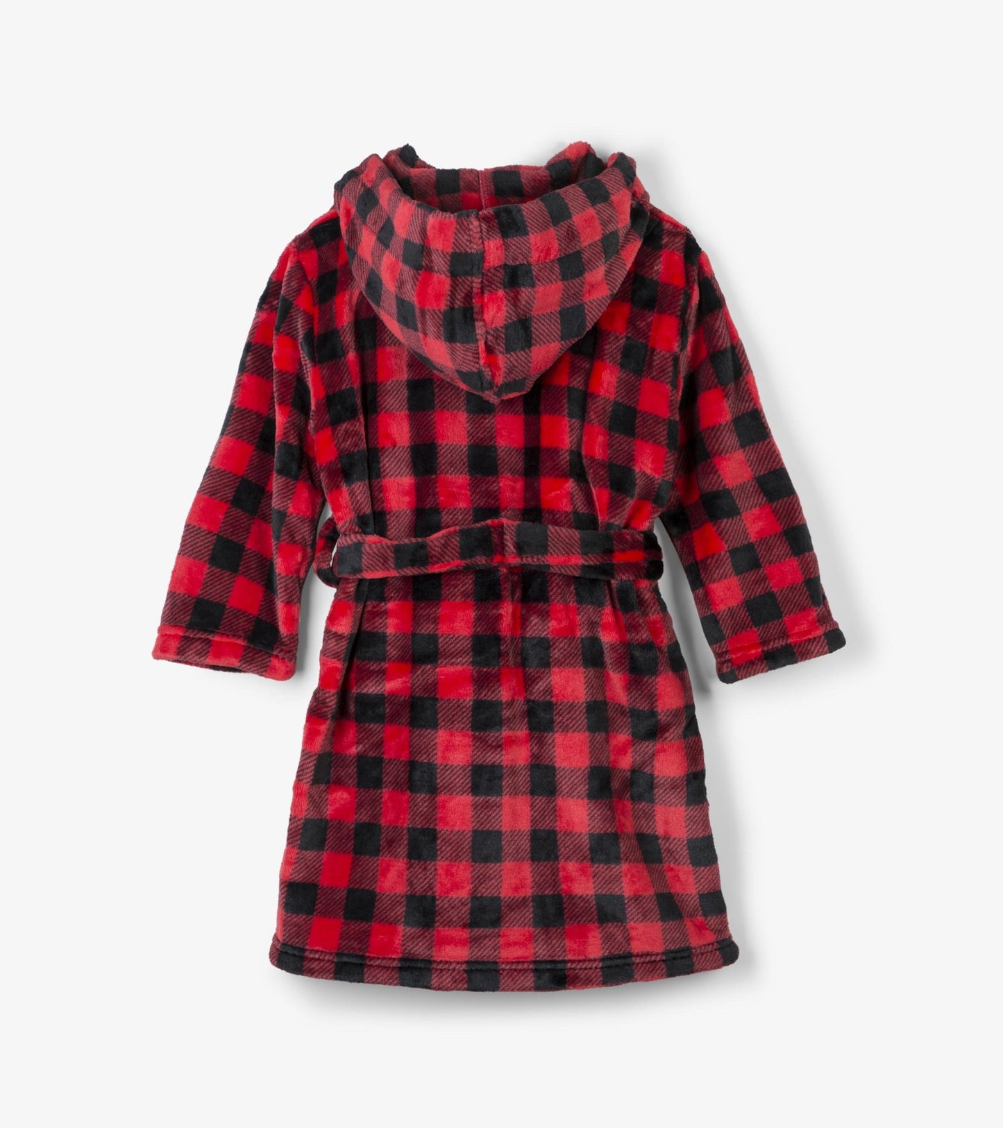 Red and black buffalo plaid fleece robe with a hood and belt, shown from the back.