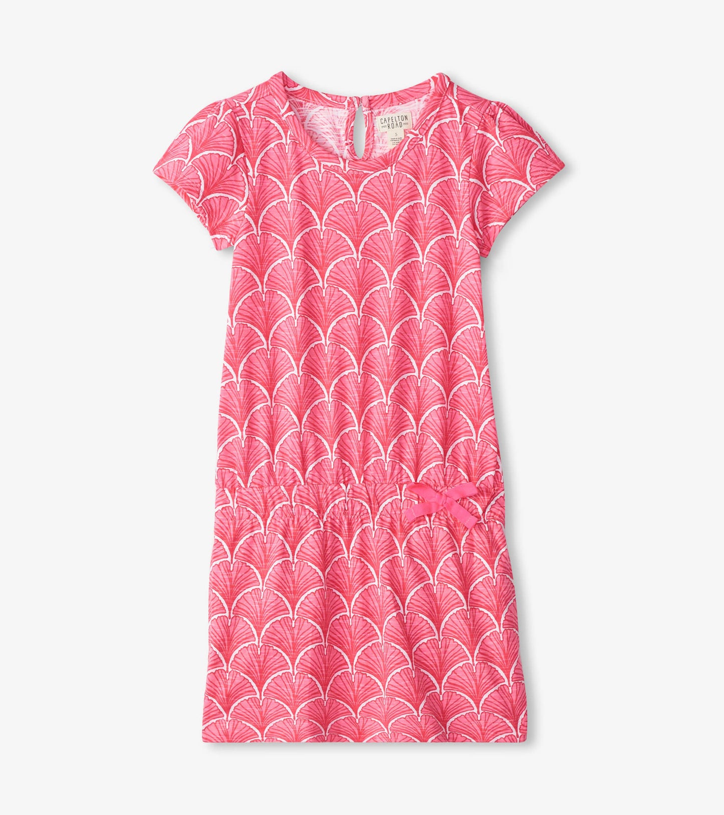 Coral T-shirt dress featuring a fan pattern, short sleeves, and a gathered waist with a bow detail.