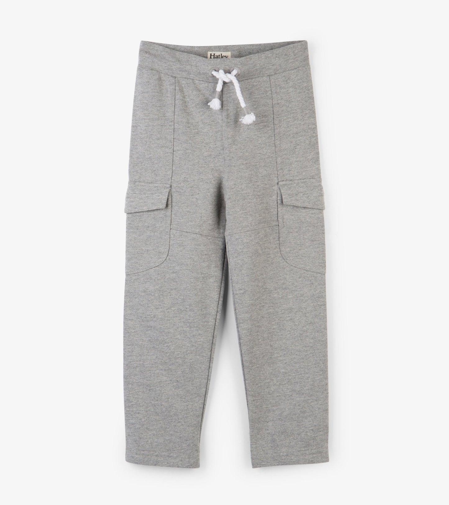 Grey cargo joggers with side pockets and drawstring waist, suitable for casual wear.