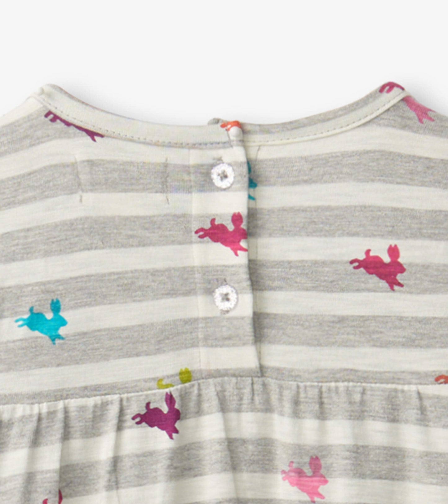 Gray striped tiered dress featuring colorful bunny prints and button closure at the back.
