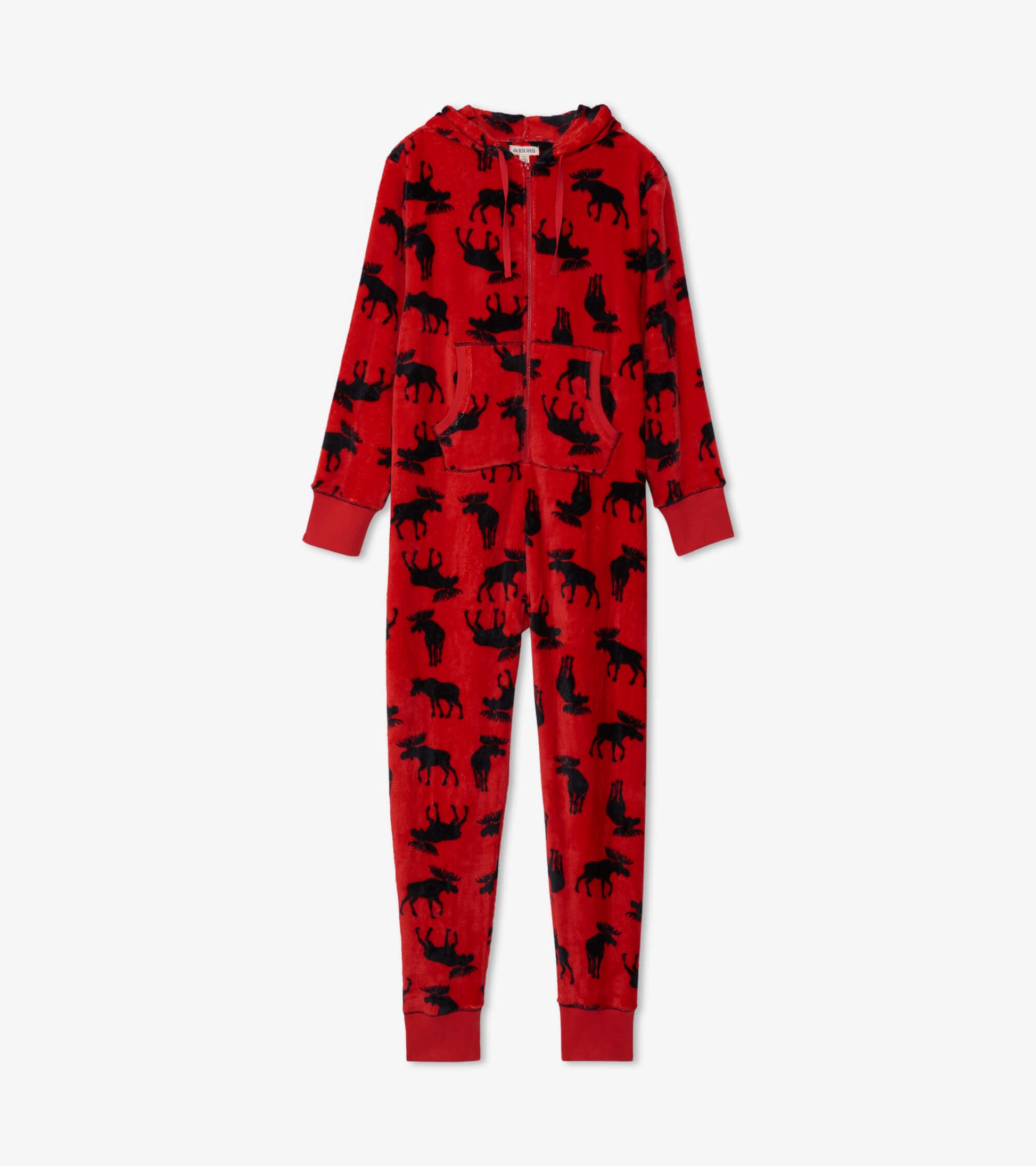 Red hooded fleece jumpsuit featuring black moose silhouettes, designed for comfort and warmth.