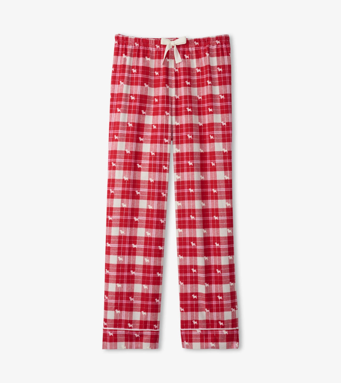 Red plaid flannel pajama pants featuring a playful dog pattern and a drawstring waist.