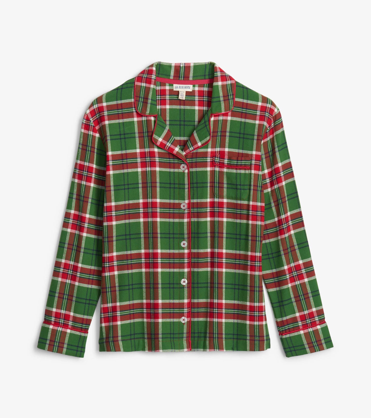 Green and red plaid flannel pajama top with a button front and collar, featuring long sleeves and a chest pocket.