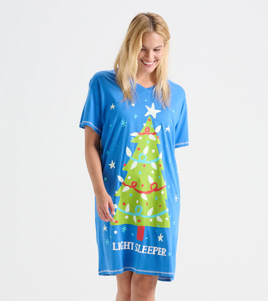 Blue sleepshirt featuring a green Christmas tree design with colorful ornaments and the text "LIGHT SLEEPER.