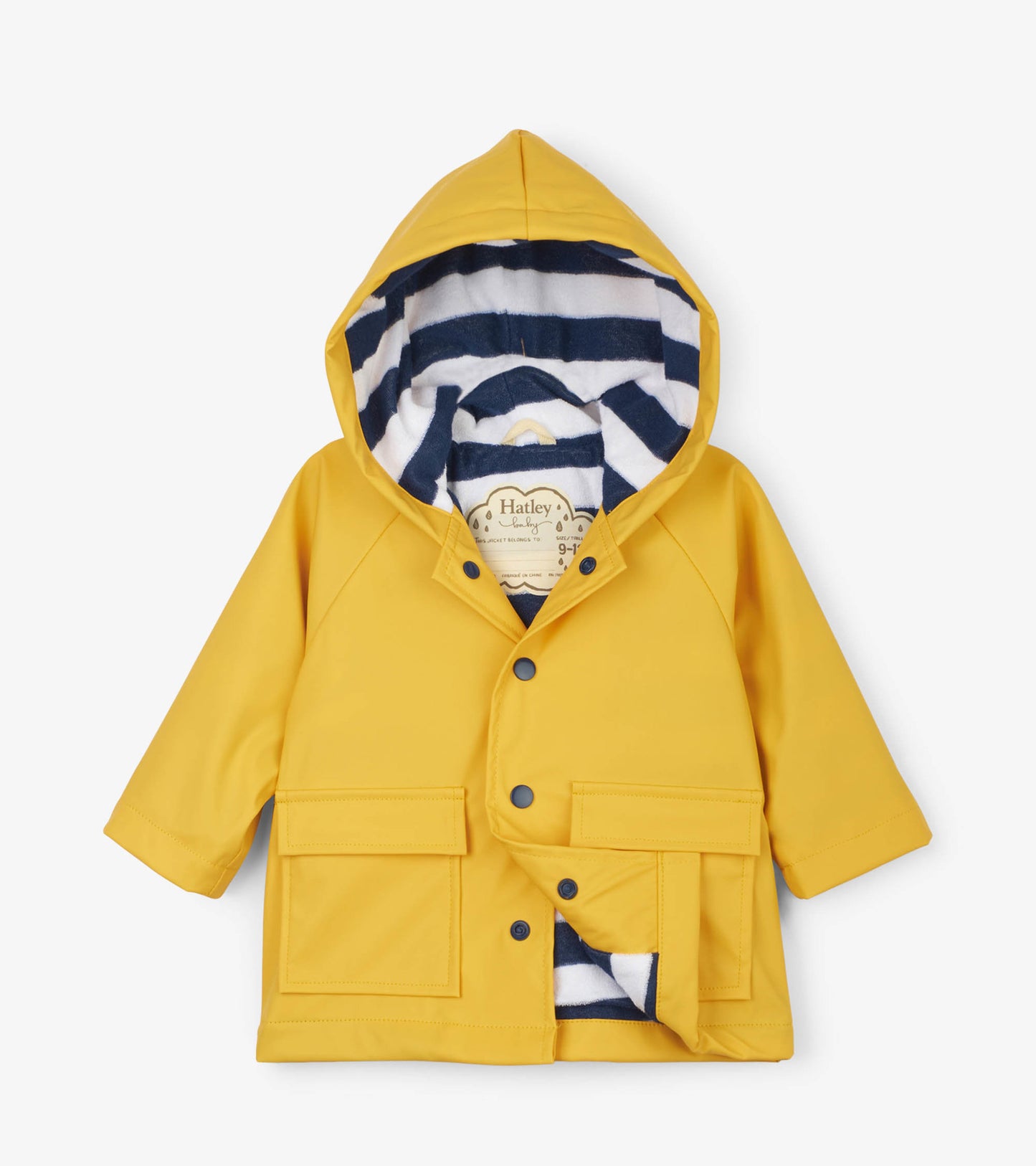 Yellow baby raincoat with a hood, featuring a striped lining and front pockets. Suitable for rainy weather.