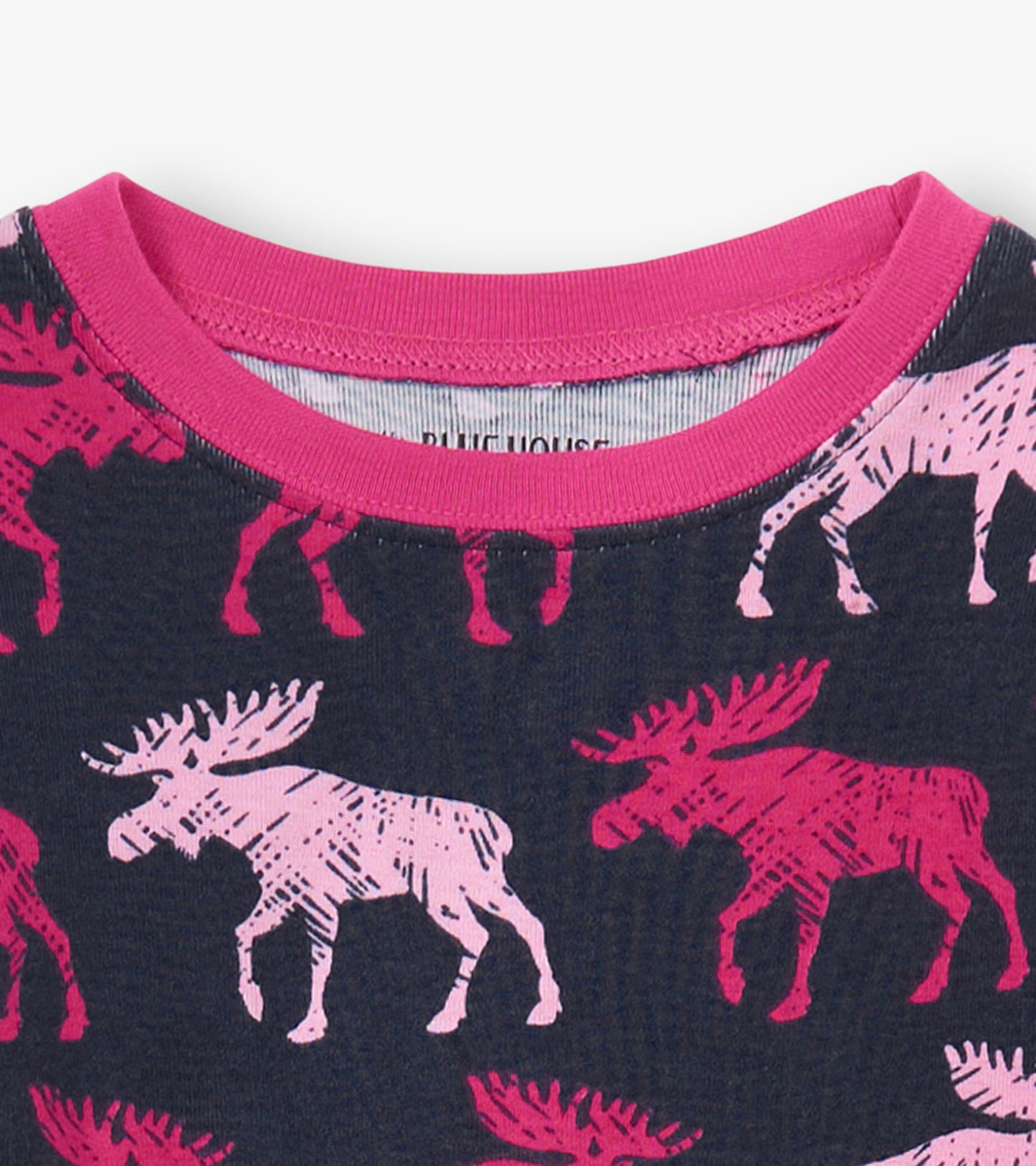 Navy pajama top with pink moose pattern and a pink crew neckline, suitable for kids.