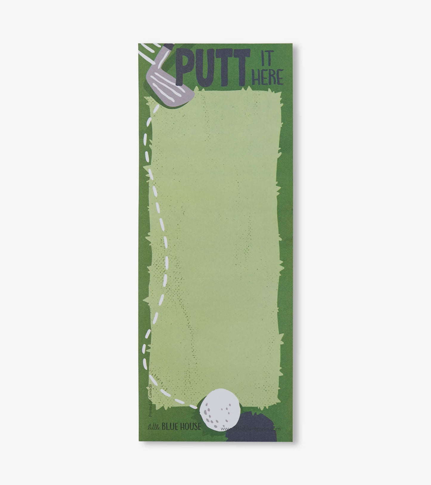 Green magnetic notepad featuring a golf theme with "PUTT IT HERE" text and a golf ball illustration.