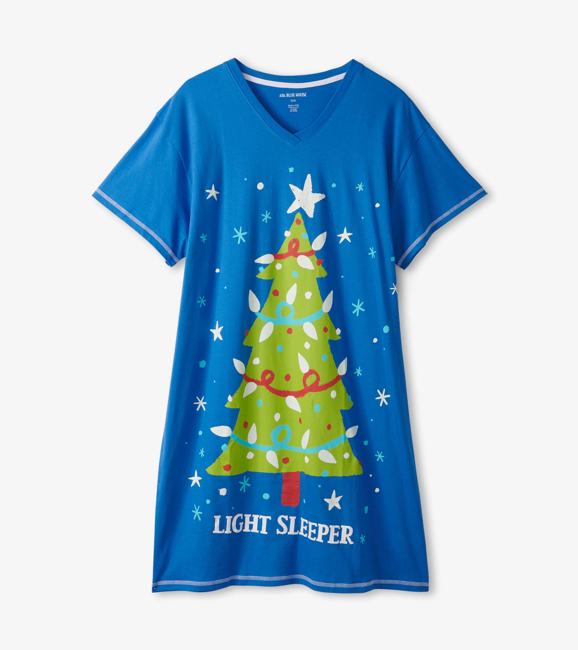 Blue sleepshirt featuring a green Christmas tree design with lights and a star, V-neck, and short sleeves. One size.