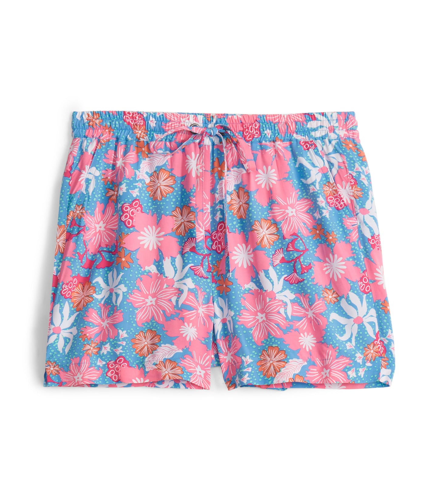 Colorful floral print shorts featuring a pink and blue pattern with an elastic waistband and drawstring.