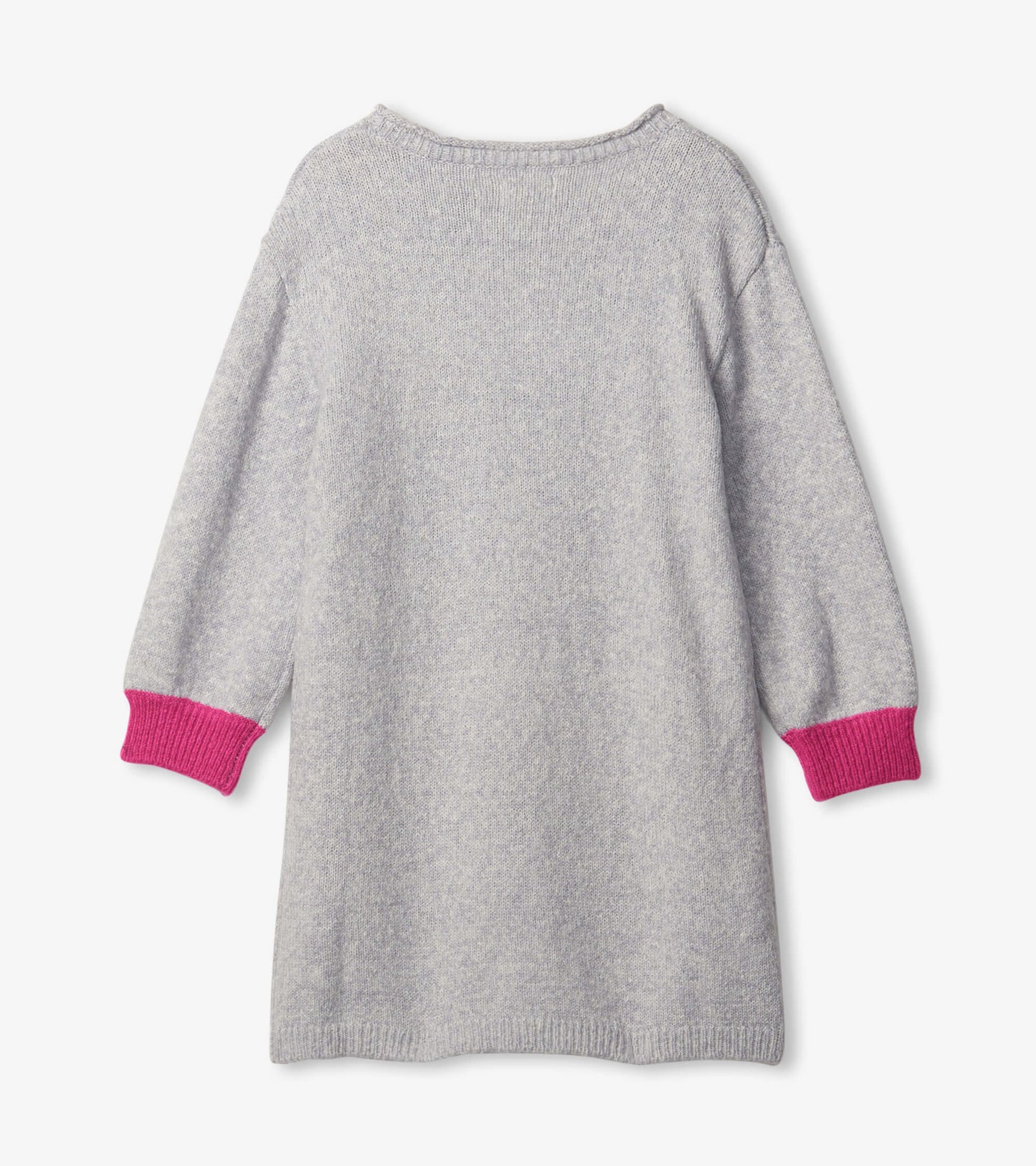 Light gray sweater dress with long sleeves and pink ribbed cuffs, featuring a relaxed fit and soft knit material.