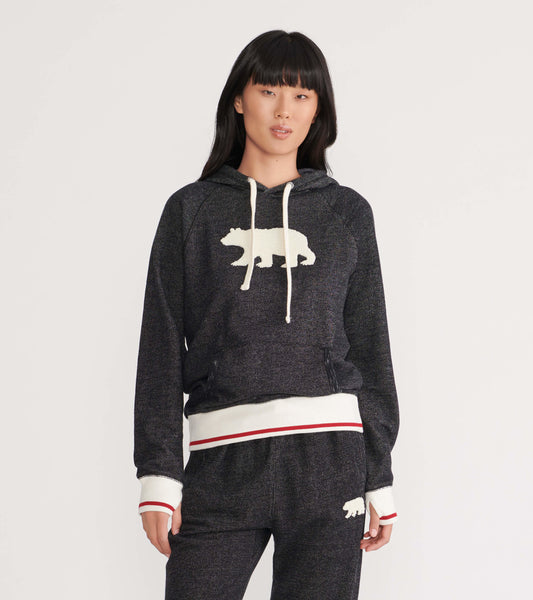 Charcoal pullover hoodie with a white bear graphic, drawstring hood, and striped hem, perfect for casual wear.