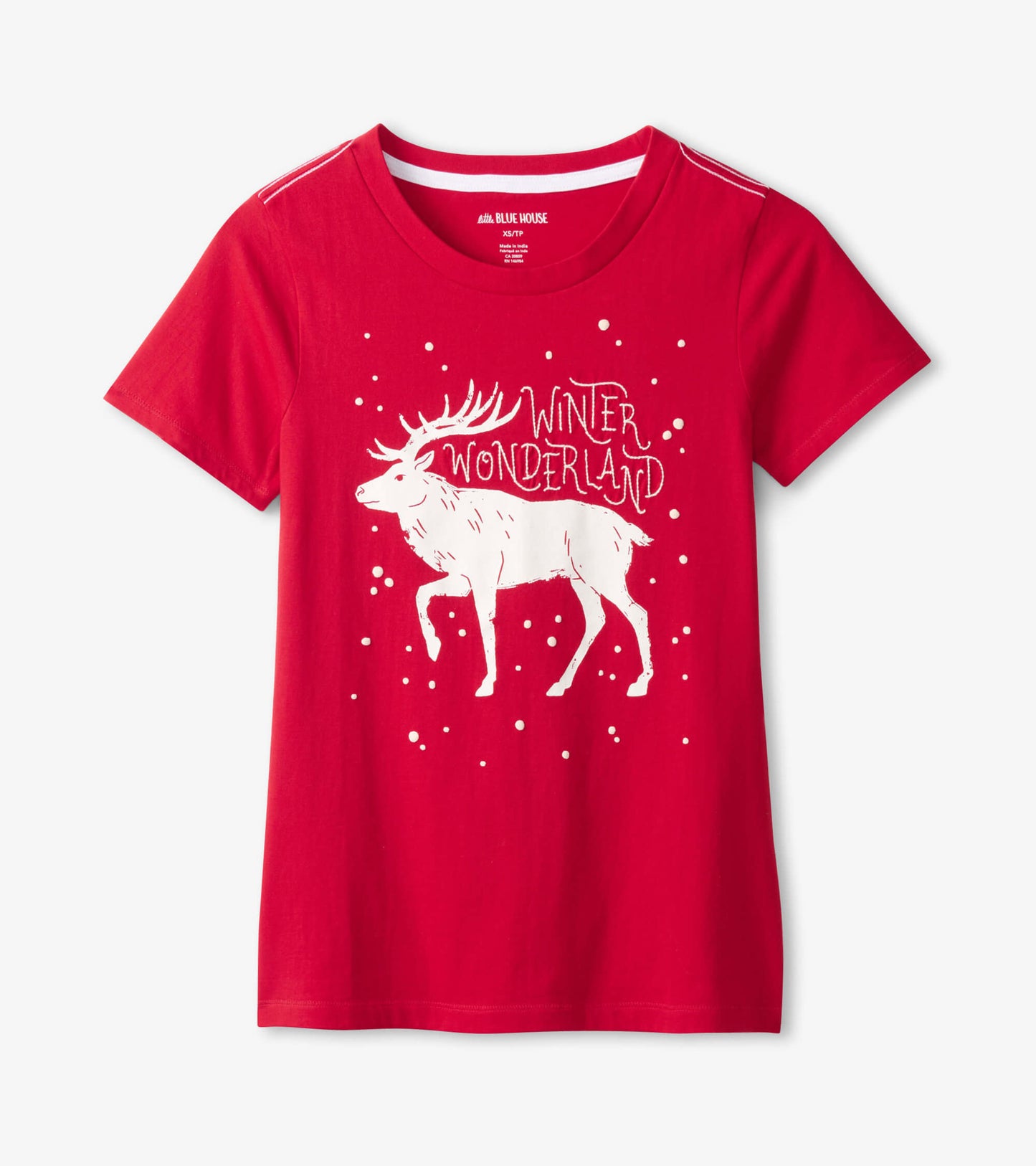 Red short sleeve t-shirt featuring a white reindeer graphic and "Winter Wonderland" text on the front.