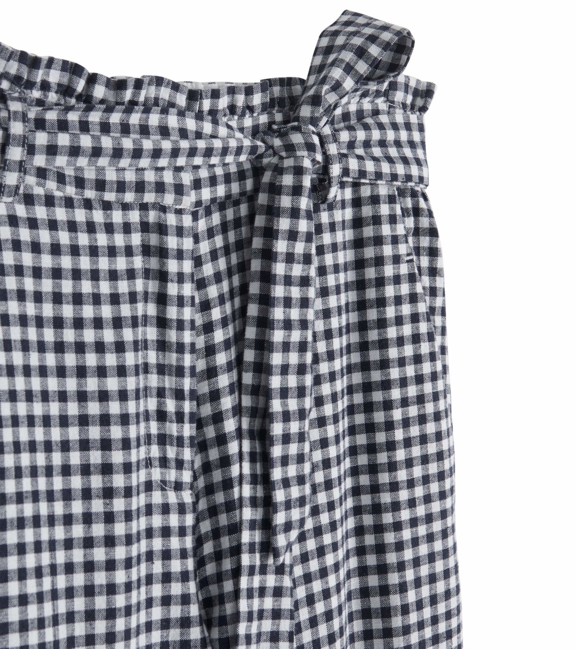 Navy gingham paper bag pants with a tied waistband and pleated design, suitable for casual wear.