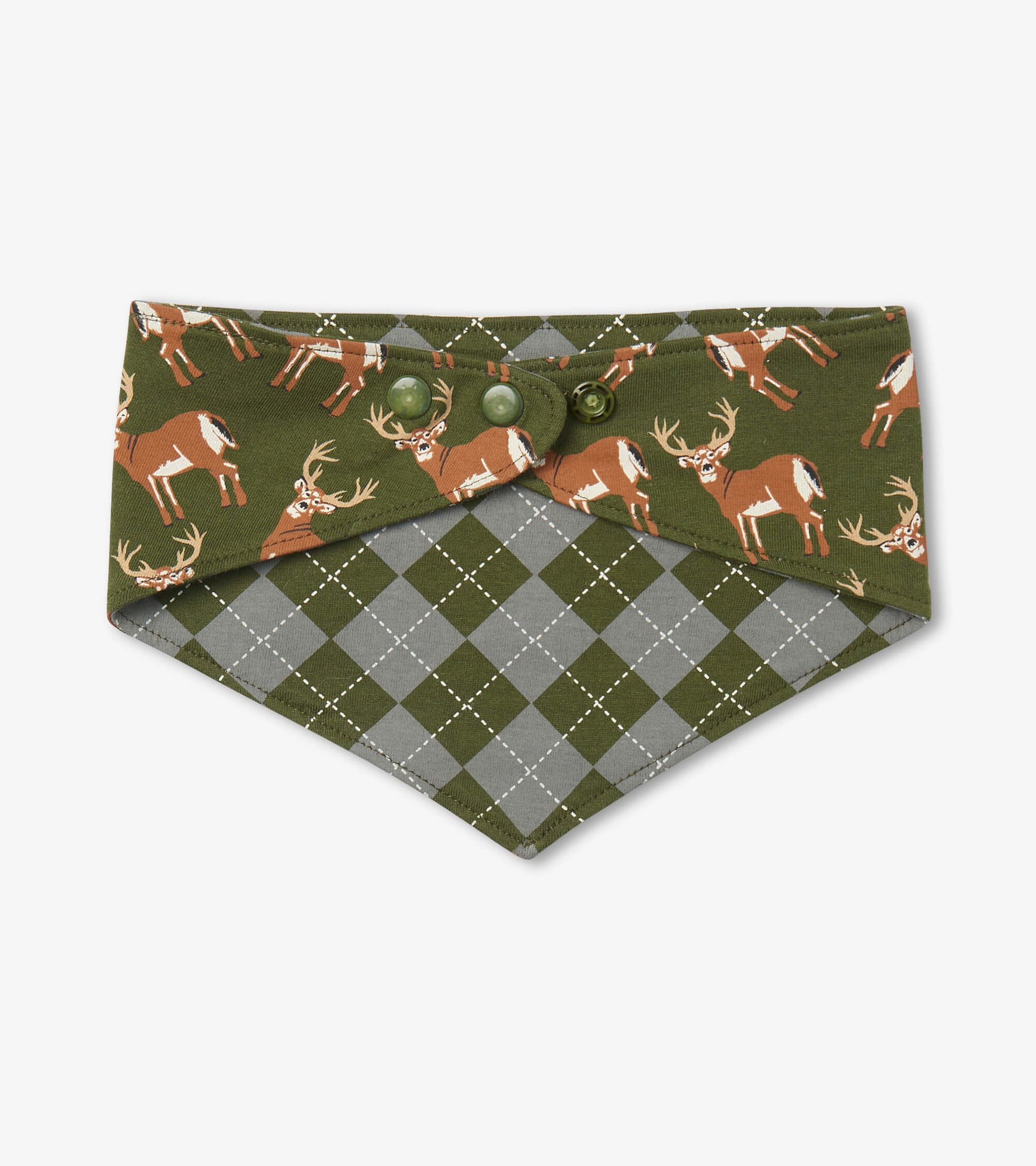 Reversible dog bandana featuring a green deer print on one side and a gray argyle pattern on the other, with button closures.