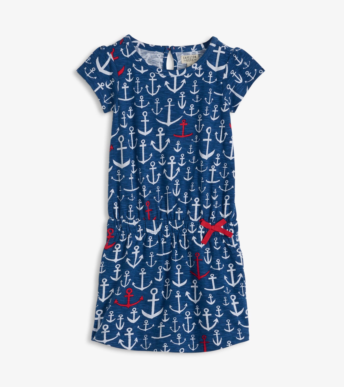 Navy t-shirt dress featuring a stacked anchor pattern in white and red, with a gathered waist and cap sleeves.