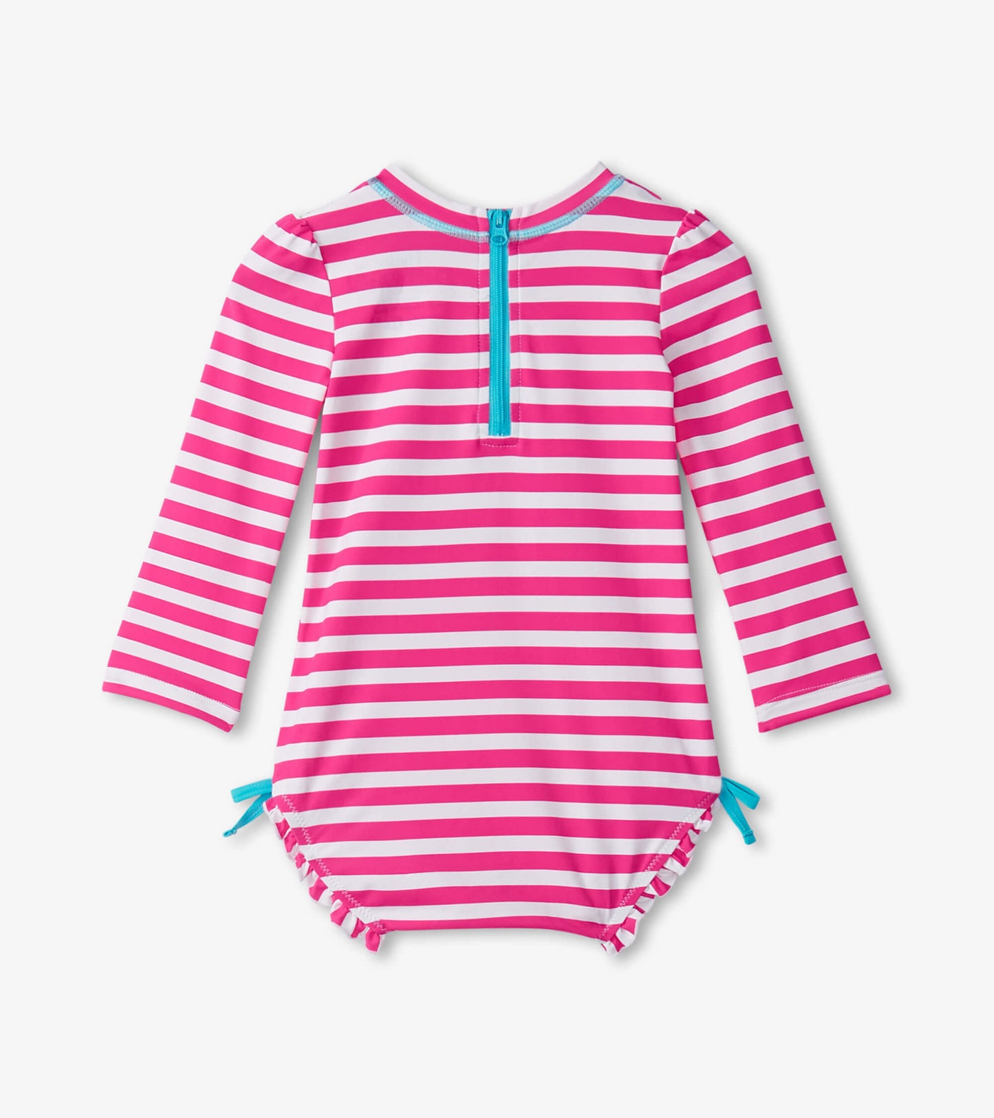 Pink and white striped long-sleeve rashguard swimsuit with a back zipper and side ties for a snug fit.