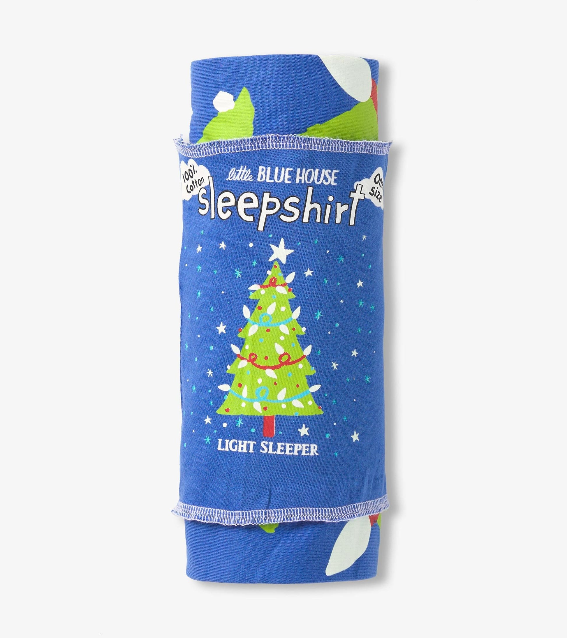 Blue cotton sleepshirt featuring a Christmas tree design, rolled up with a tag indicating one size.