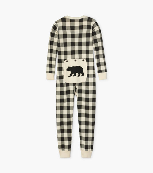 Cream plaid kids' onesie featuring long sleeves and a bear patch on the back pocket.
