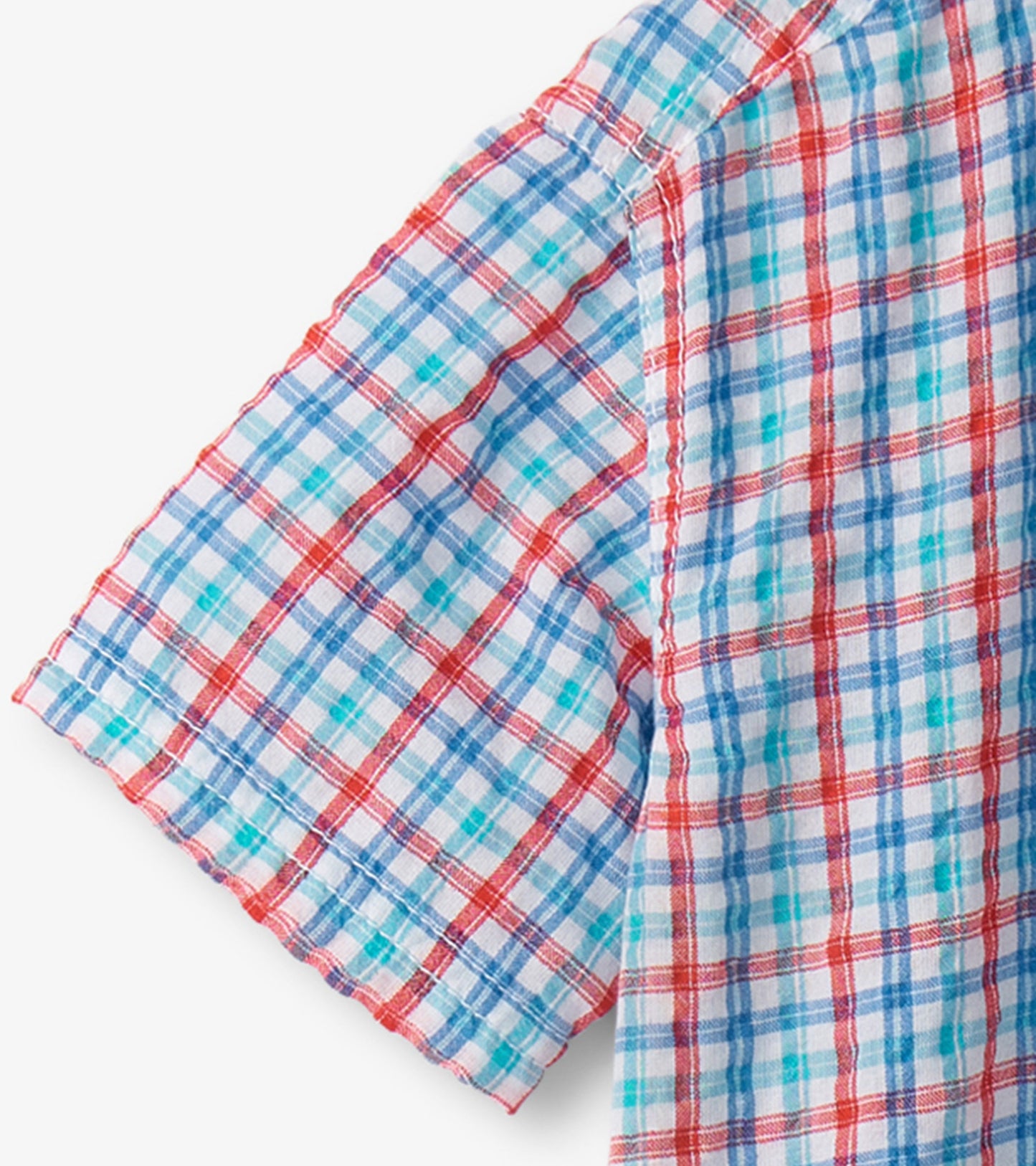 Short-sleeve button-down shirt featuring a colorful check pattern in red, blue, and turquoise on a white background.