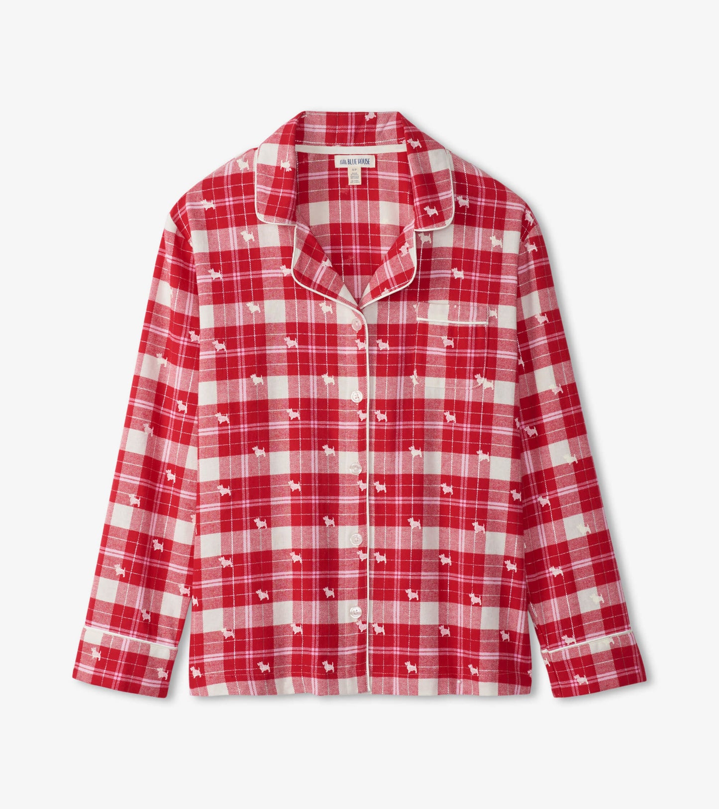 Red and white plaid flannel pajama top with dog motifs, featuring a collar and button-down front.