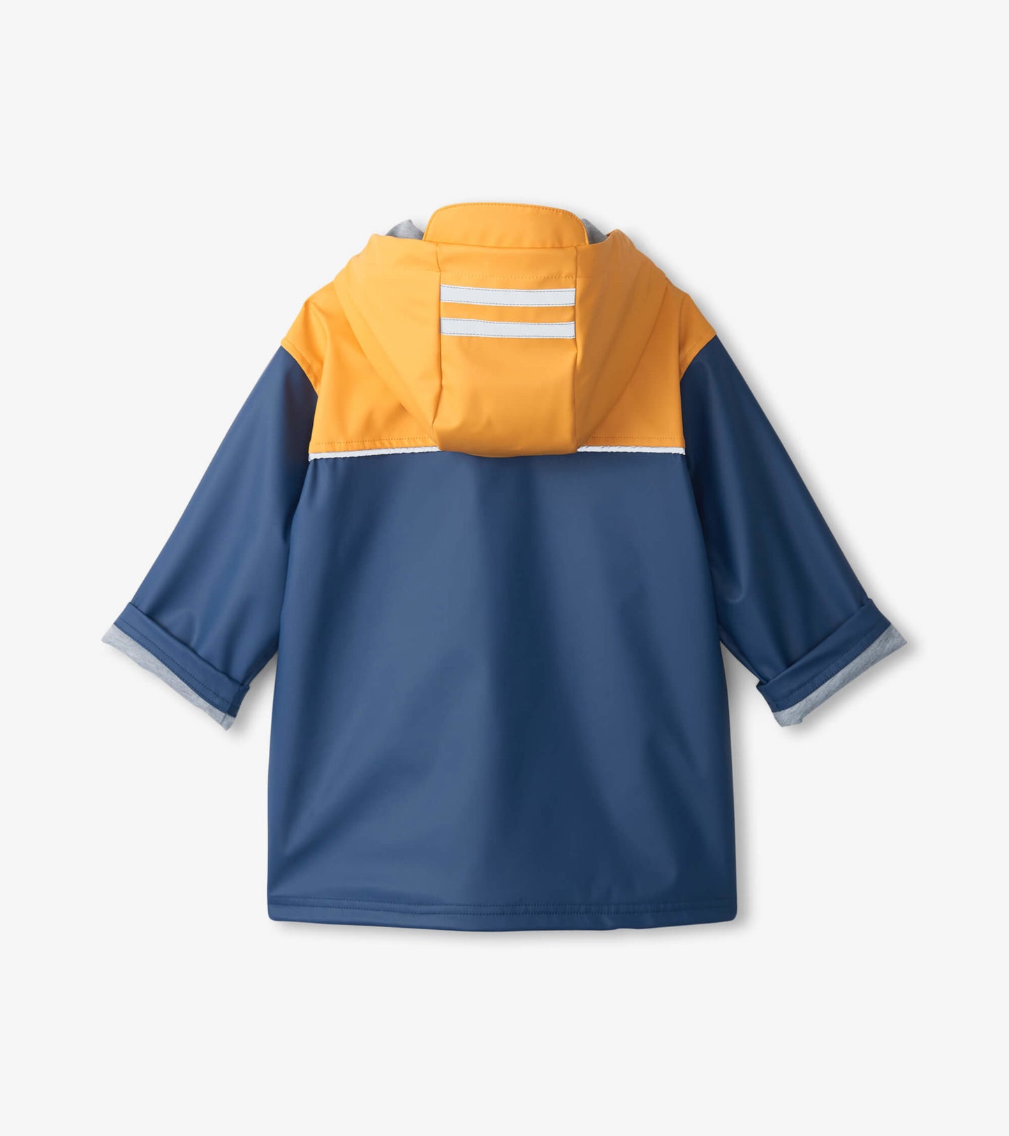 Yellow and navy zip-up rain jacket with a hood and reflective stripes, featuring short sleeves and a waterproof material.