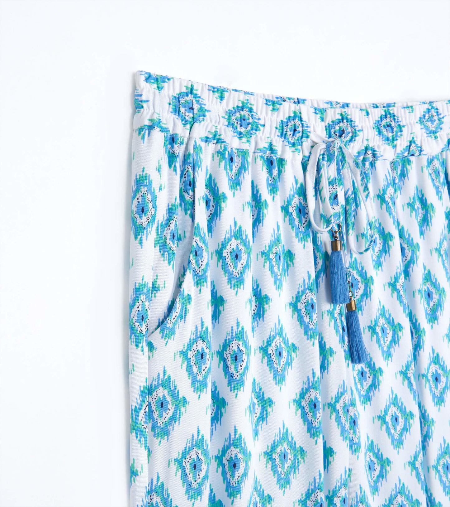 Light blue pants featuring a reflective raindrop pattern, with an elastic waistband and tassel detail.