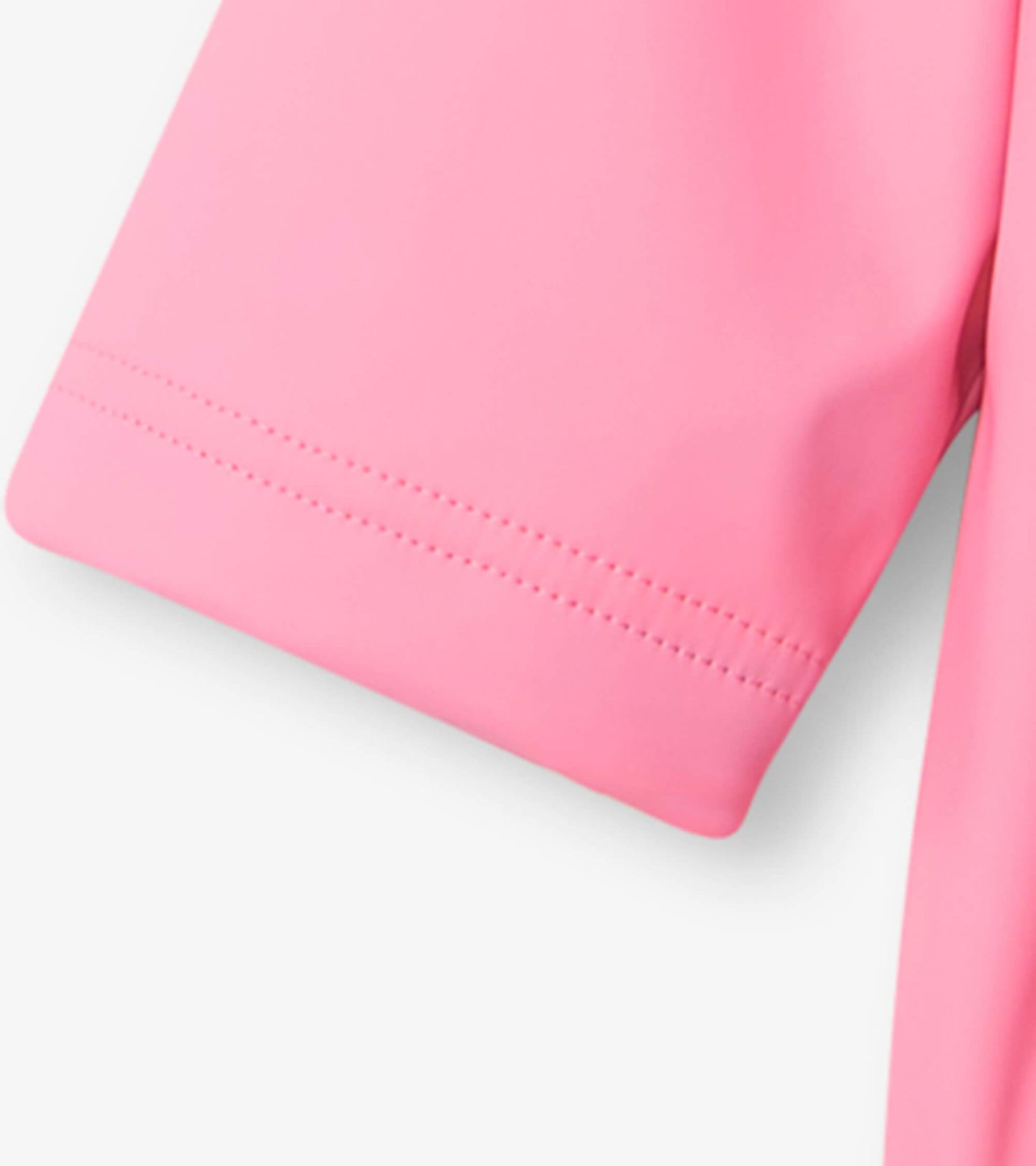 Classic pink zip-up rain jacket with short sleeves and stitched detailing. Ideal for wet weather.