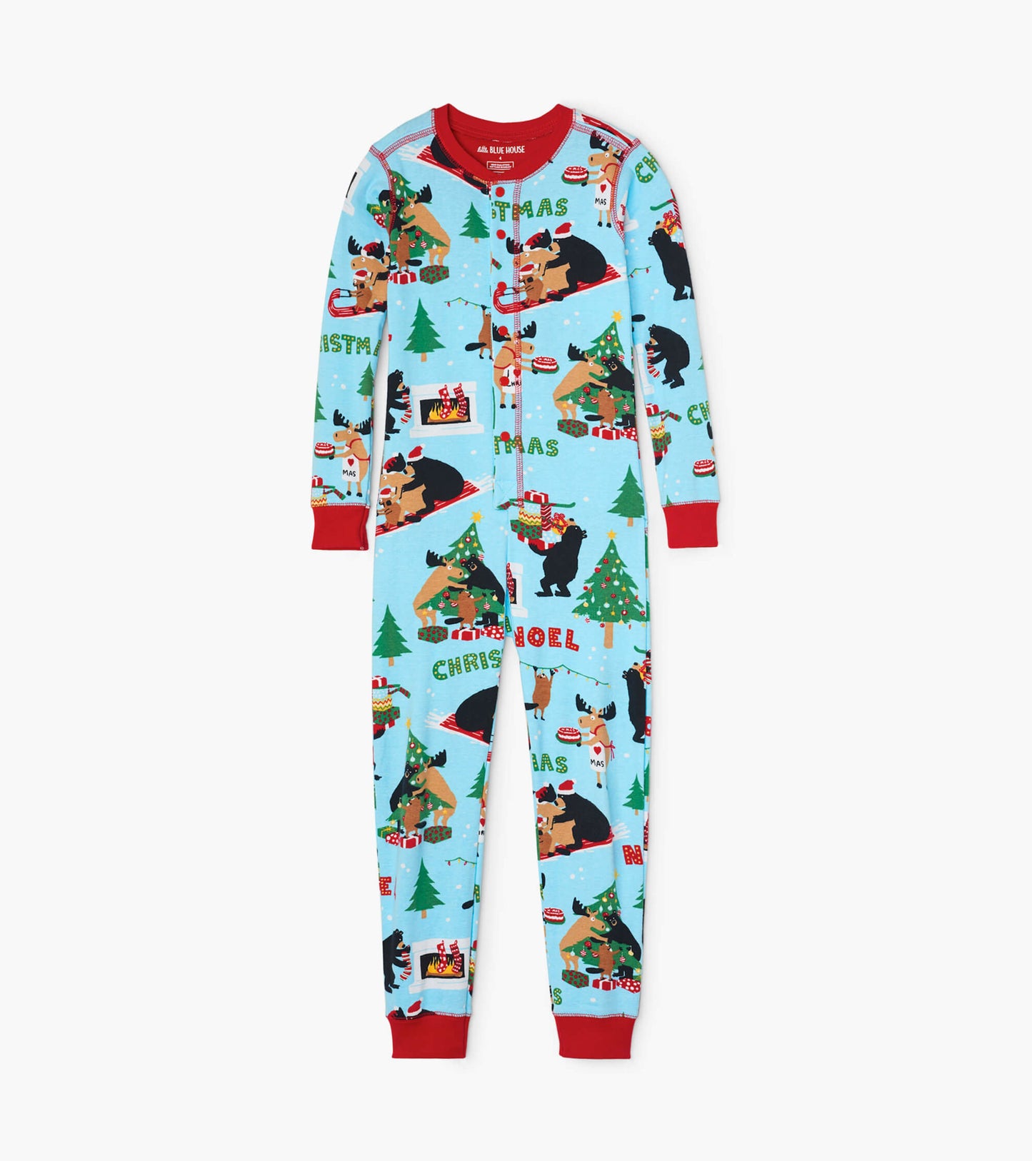Light blue kids' onesie featuring festive Christmas patterns with bears, trees, and holiday decorations, red cuffs and neckl…