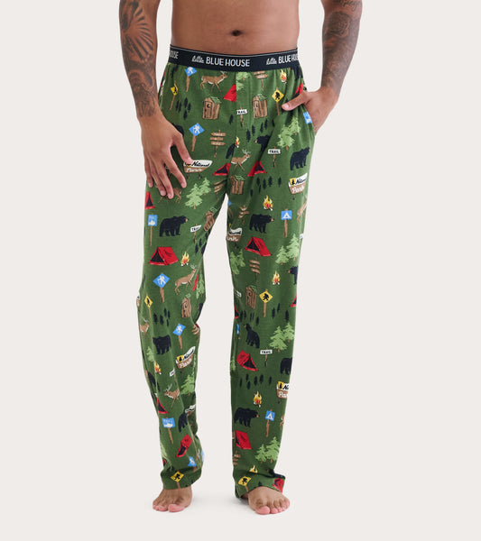 Men's green pajama pants in stretch cotton with a camping-themed print featuring bears, tents, and trees.
