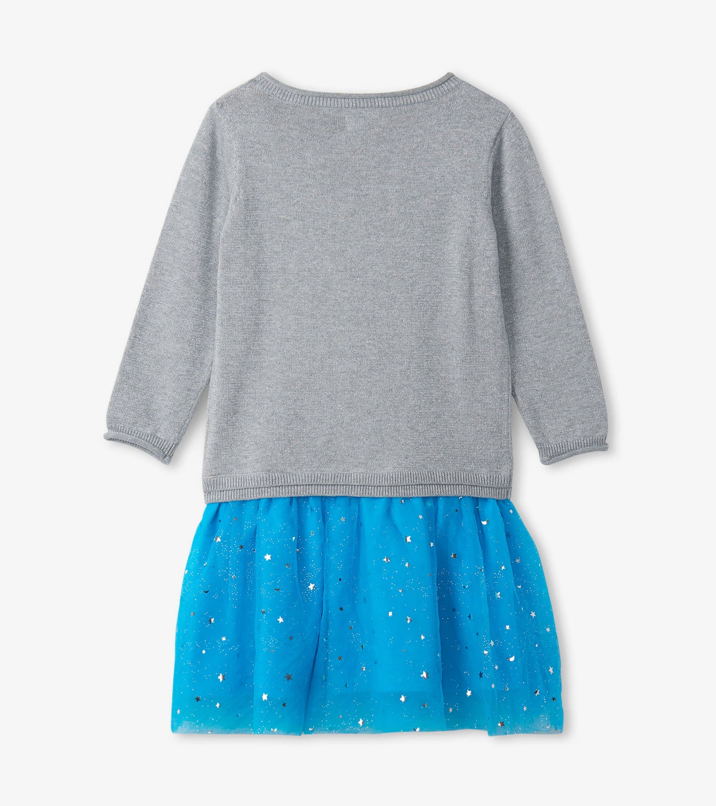 Gray long-sleeve top with a blue tulle drop waist skirt featuring silver star patterns.