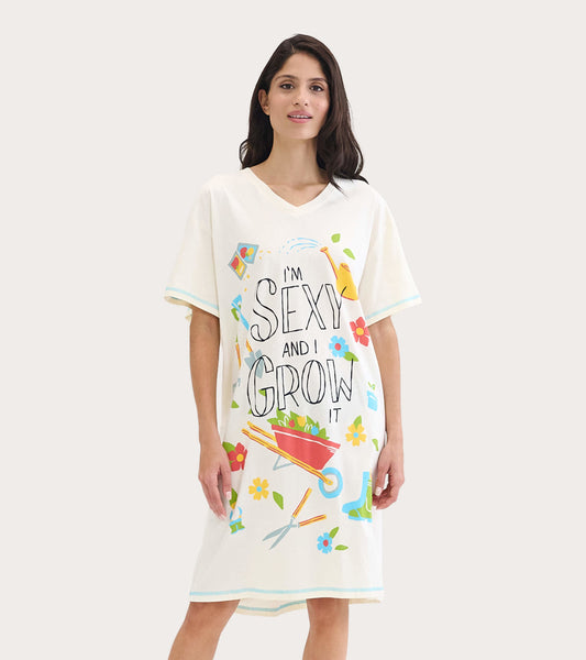 White sleepshirt with colorful gardening-themed graphics and a V-neck, designed for casual wear.
