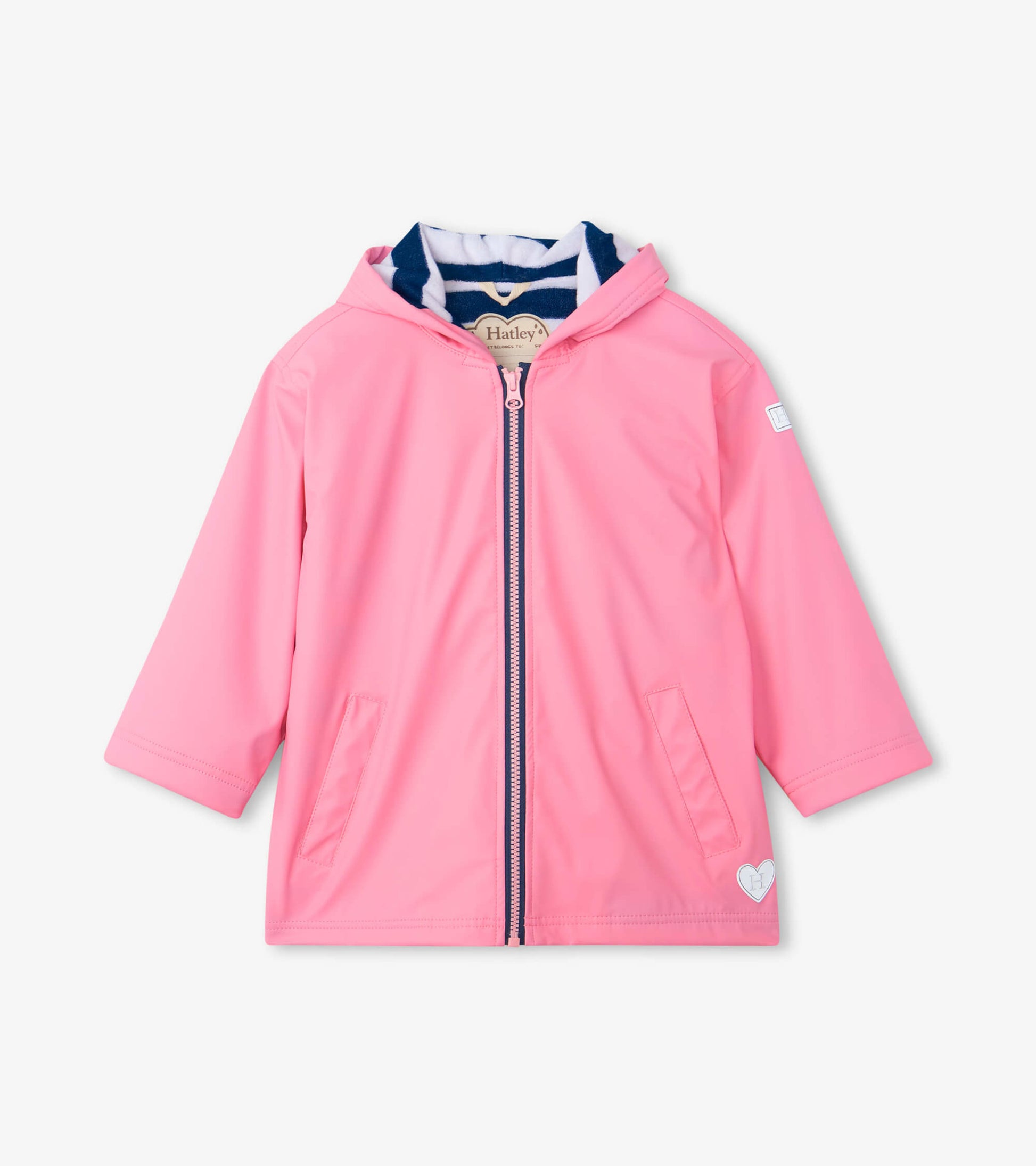 Classic pink zip-up rain jacket with a hood and side pockets, featuring a striped interior lining.