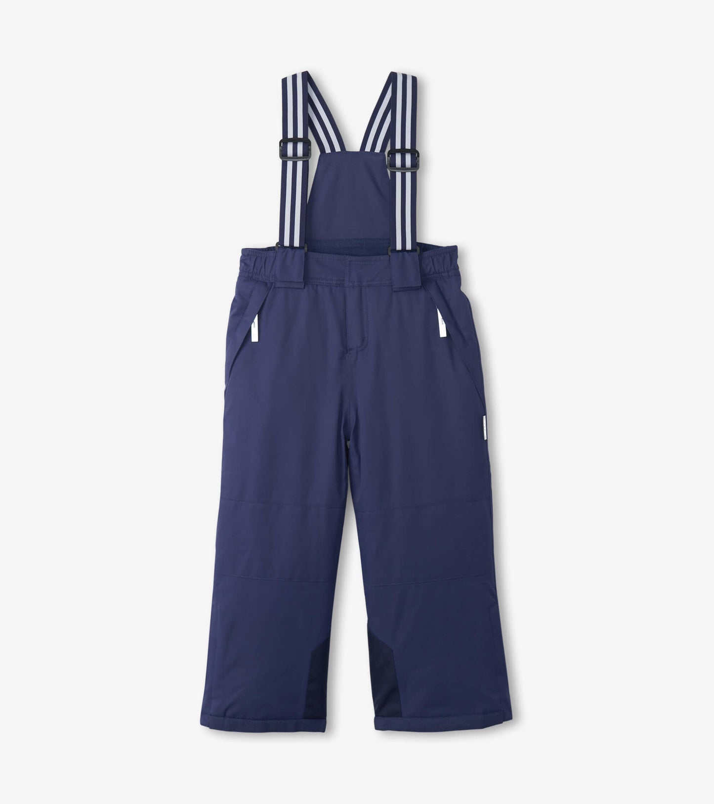 Navy snow pants for kids with adjustable striped suspenders and side pockets, designed for winter activities.