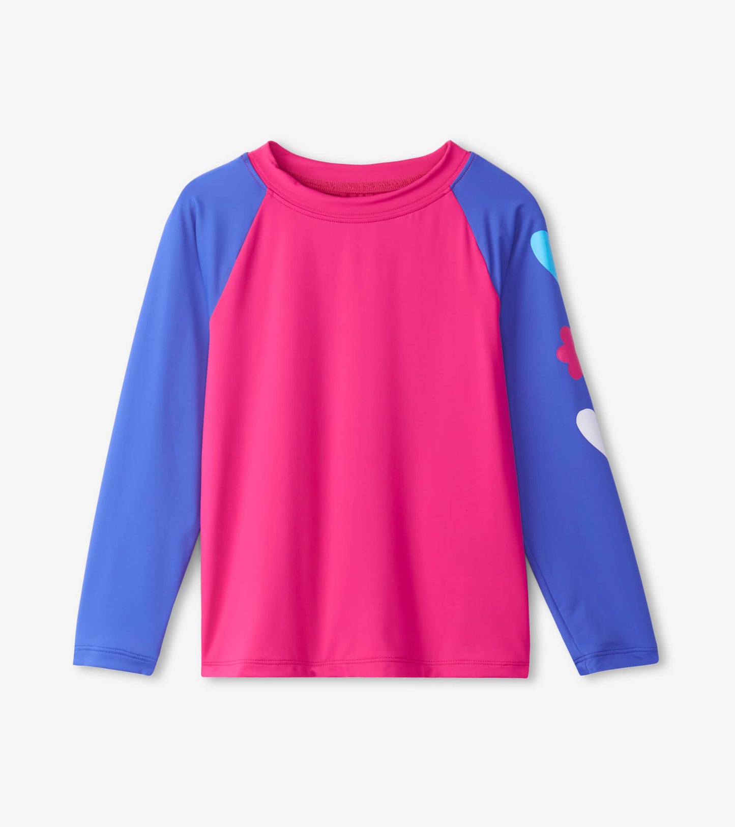 Fuschia purple long sleeve rashguard with blue sleeves and colorful floral patterns on the right arm.