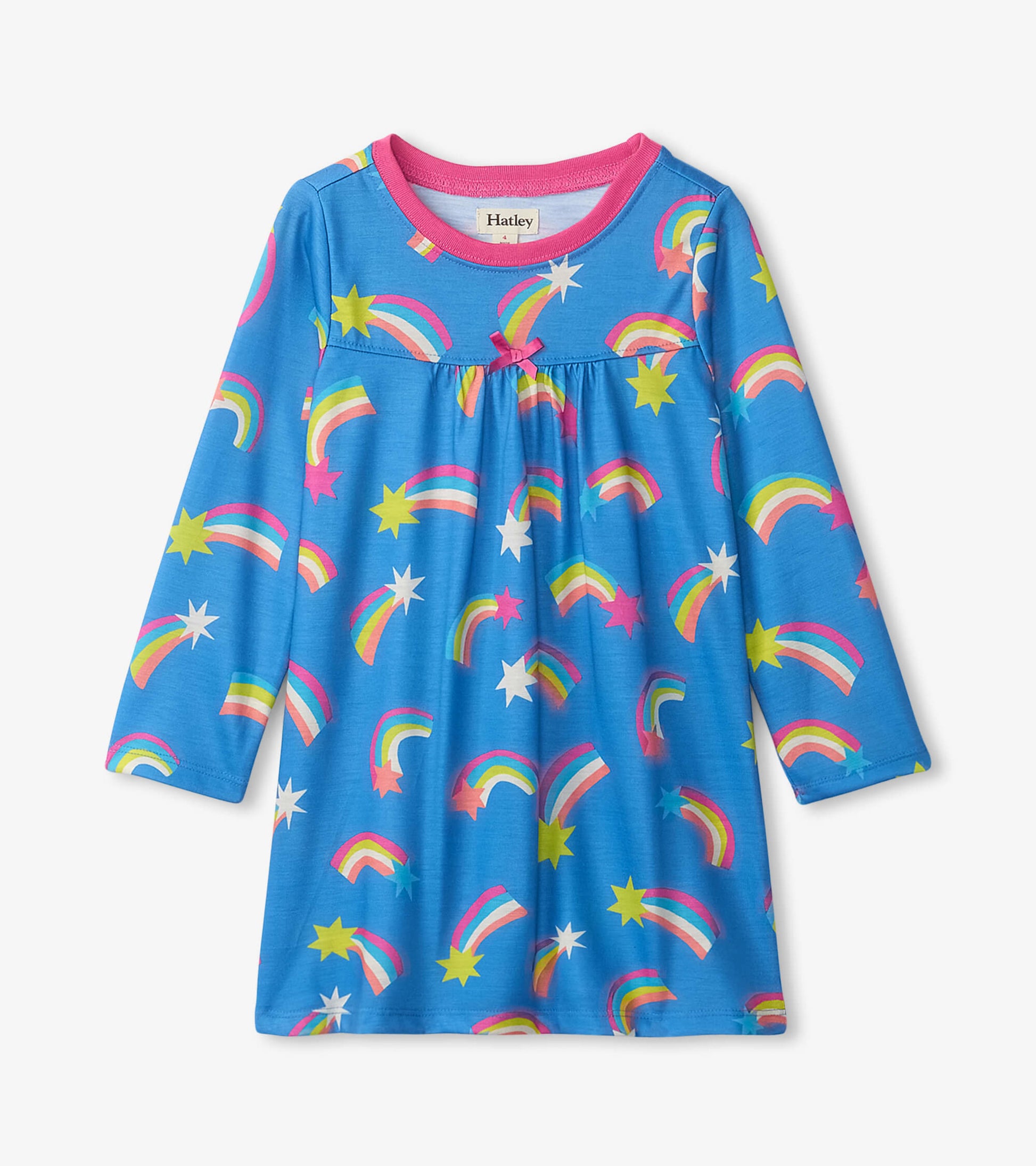 Blue long sleeve nightgown featuring colorful rainbows and stars, with a pink neckline and gathered waist.